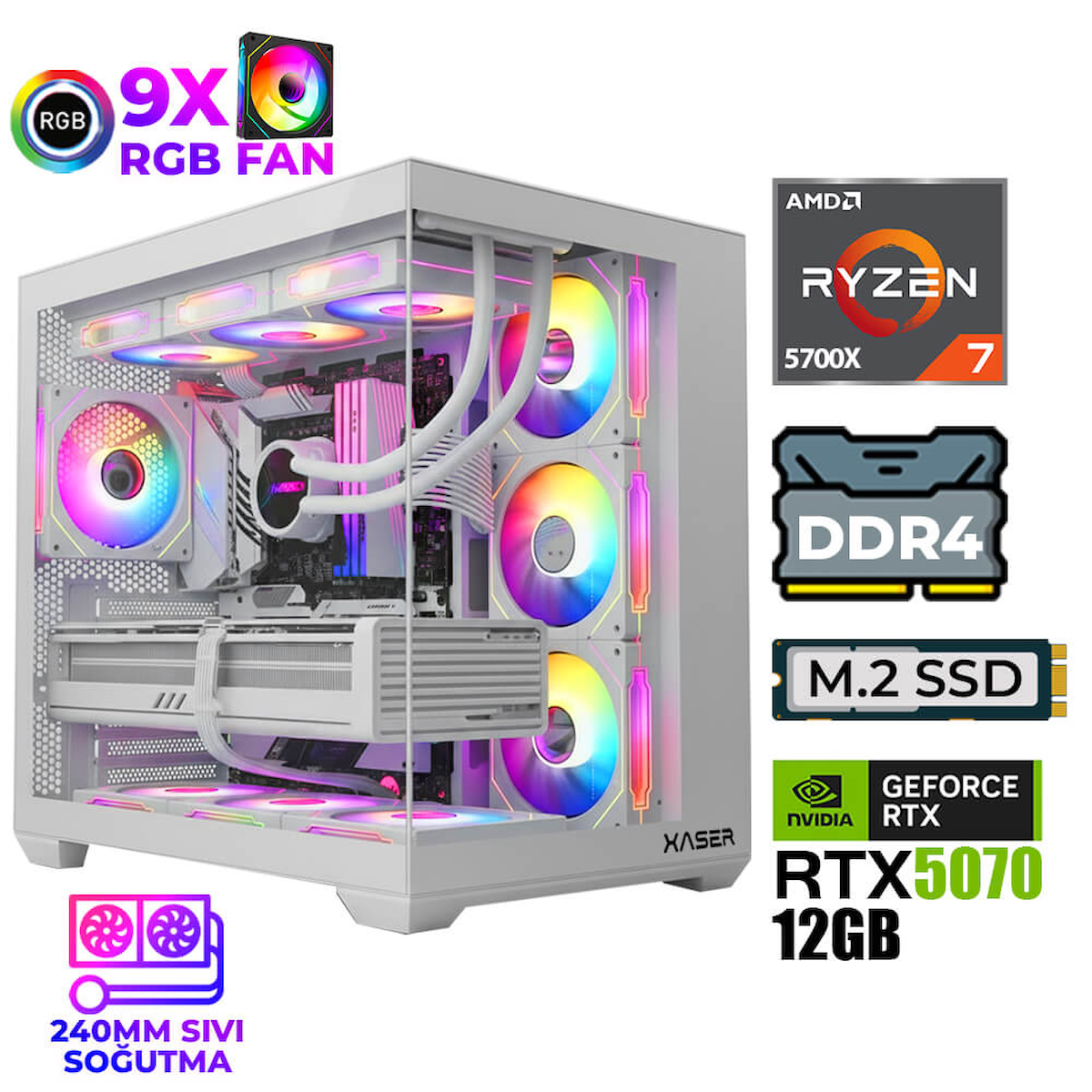 Xaser Master x6 Ryzen 7 5700X 32GB Ram 1TB M.2 NVMe SSD 12GB RTX5070 Sıvı Soğutmalı Oyuncu Bilgisayarı