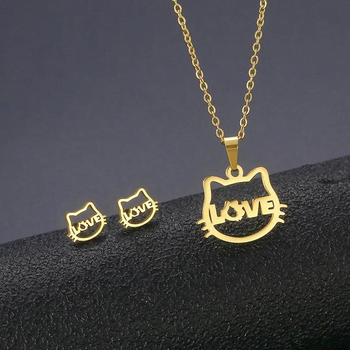 Herşey Nota Gold Hello Kitty Face Love Kolye Ve Küpe Seti