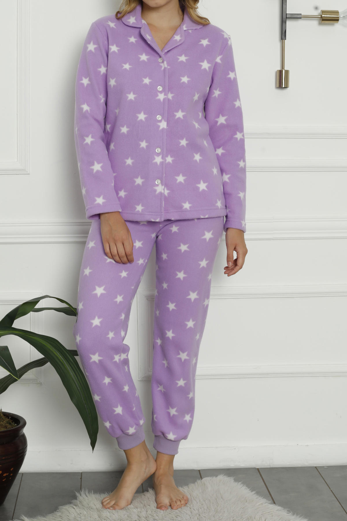 Kadın Düğmeli Peluş Pijama Takimi Welsoft Gömlek LİLA