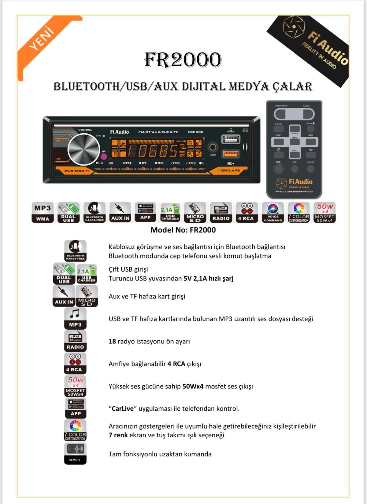 fi Audio FR2000 BLUETOOTH/USB/AUX DİJİTAL MEDYA ÇALAR OTO TEYP