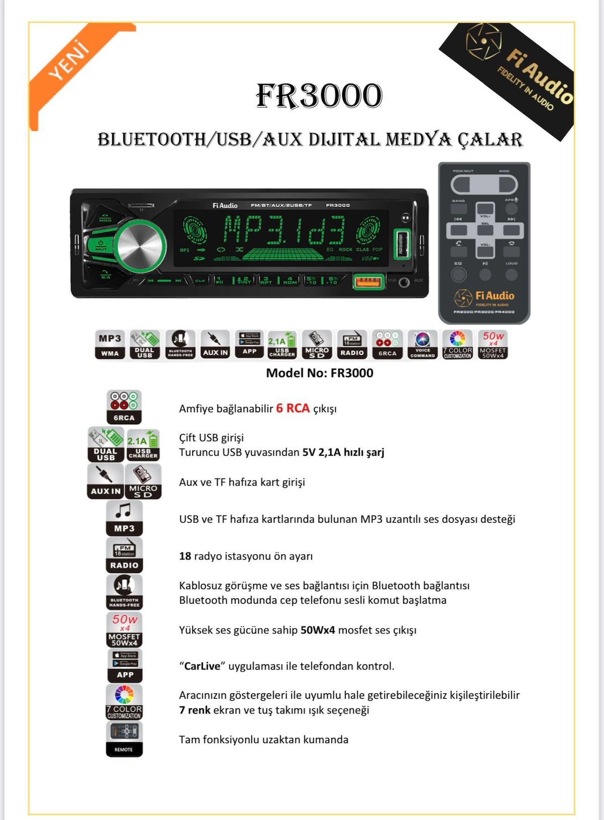 fi Audio FR3000 BLUETOOTH/USB/AUX DİJİTAL MEDYA ÇALAR OTO TEYP