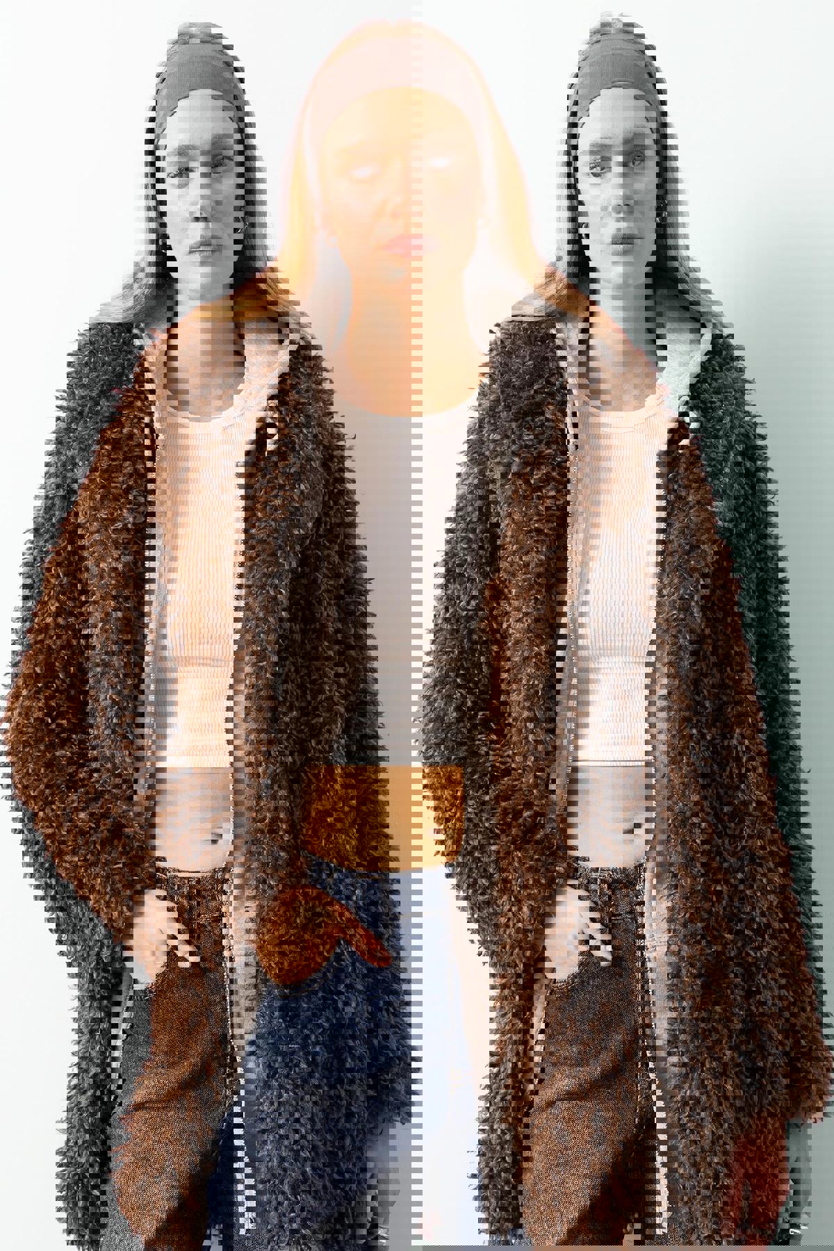 Regular Fit Cepli Çıtçıtlı Uzun Suni Kürk Ceket Mont