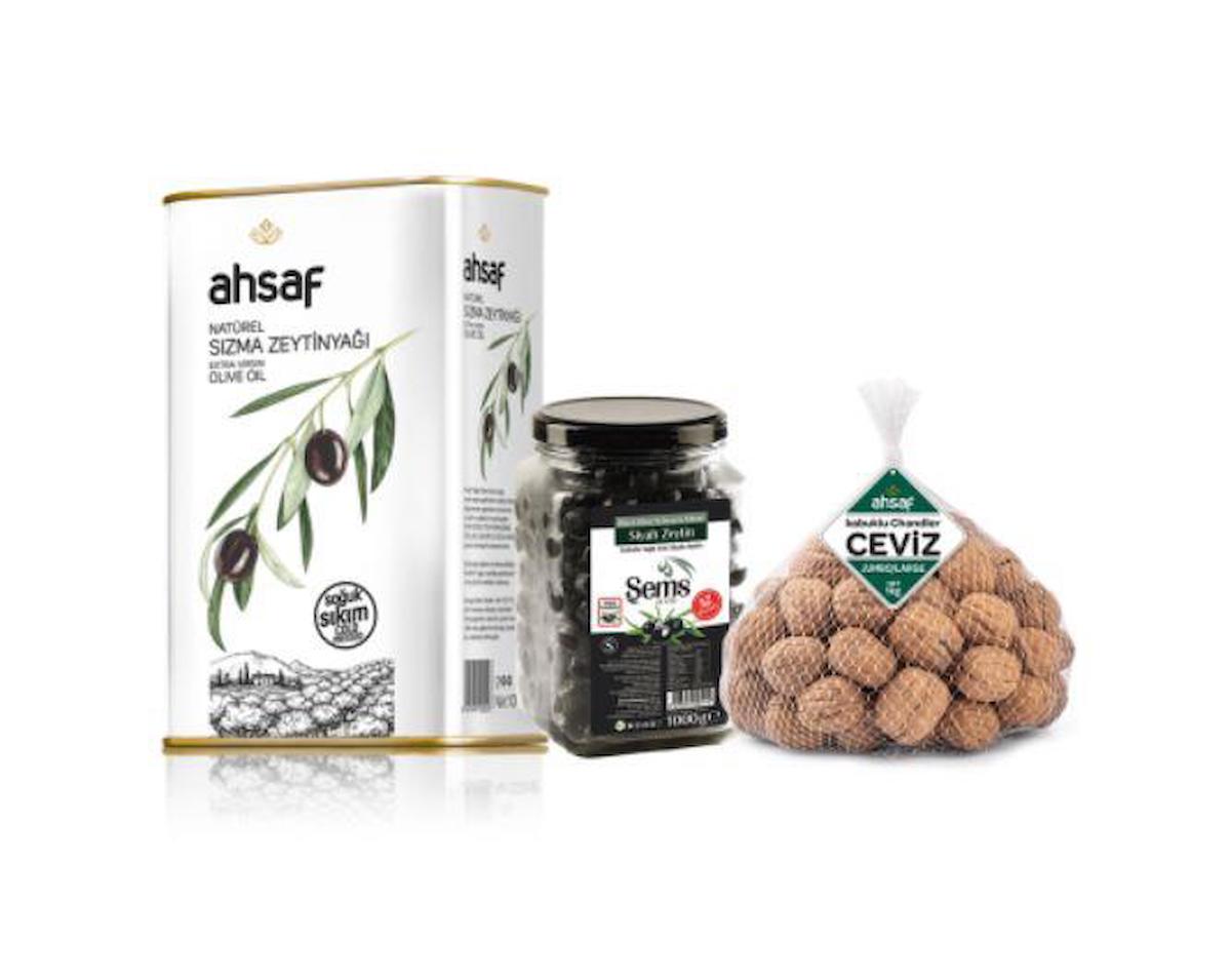 Soğuk Sıkım Natürel Sızma 1 lt Teneke Kutu + Şems Zeytin 291-320 Kalibre 1 kg Cam Kavanoz + Kabuklu Ceviz 1 kg File