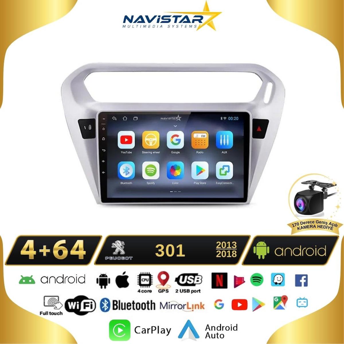 Peugeot 301 4GB + 64GB Kablosuz Carplay 2013-2018 Android 13 Navigasyon Multimedya Sistemi