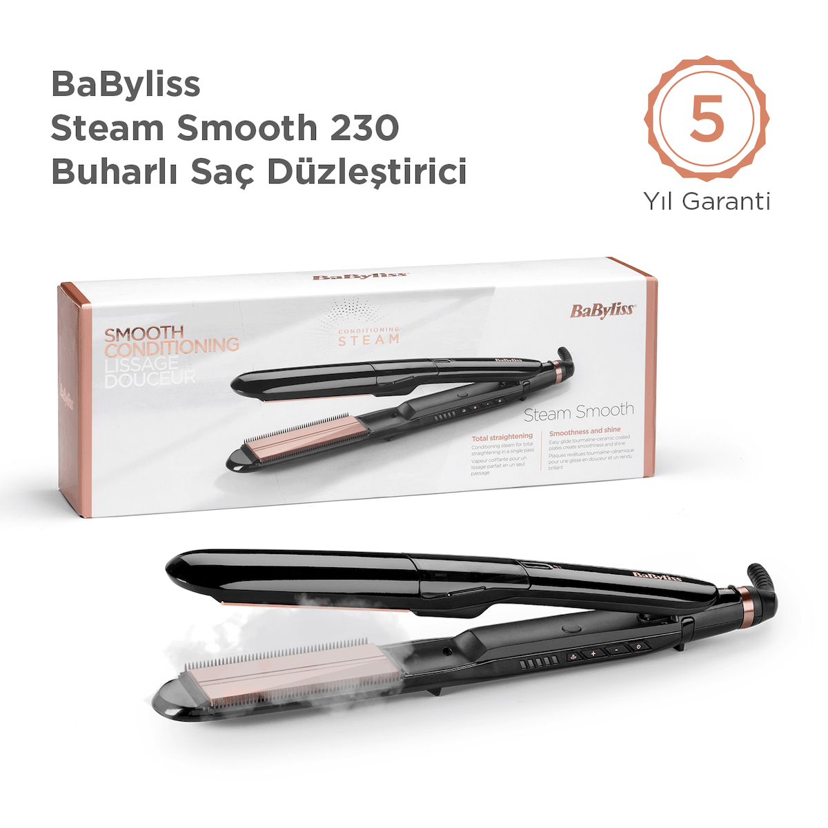 BaByliss Steam Smooth 39mm 230 Derece 5 Isı Ayarı Turmalin Seramik İyon Etkili Buharlı Saç Düzleştirici ST493E