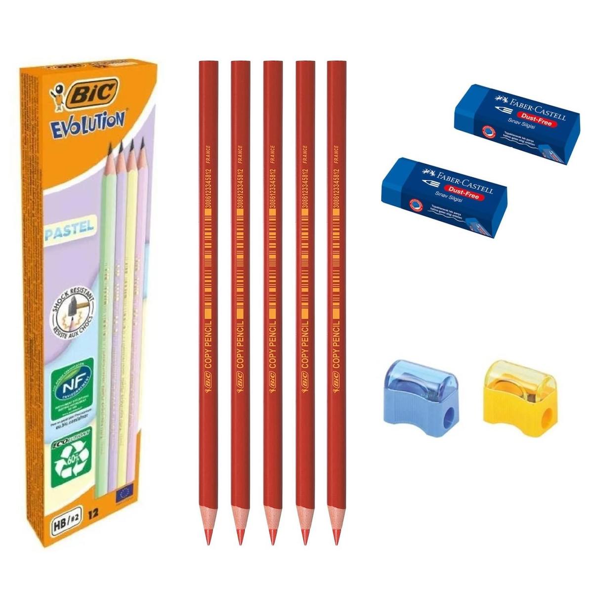 Bic Evolution Pastel Kurşun Kalem 12 Li+ Kırmızı Kopya Kalemi 5 Li +Sınav Silgisi 2 Li+Kalemtraş 2 Li