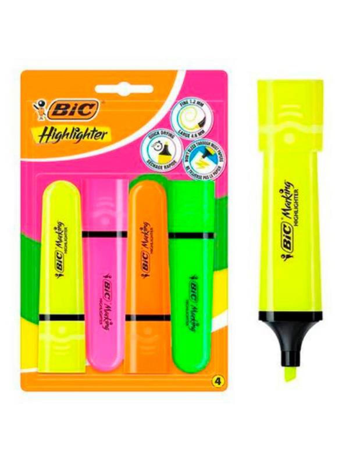 Bic Marking Flat Hıghlıghter 4'Lü Blister Parlak Renkler Fosforlu Kalem Seti 517952