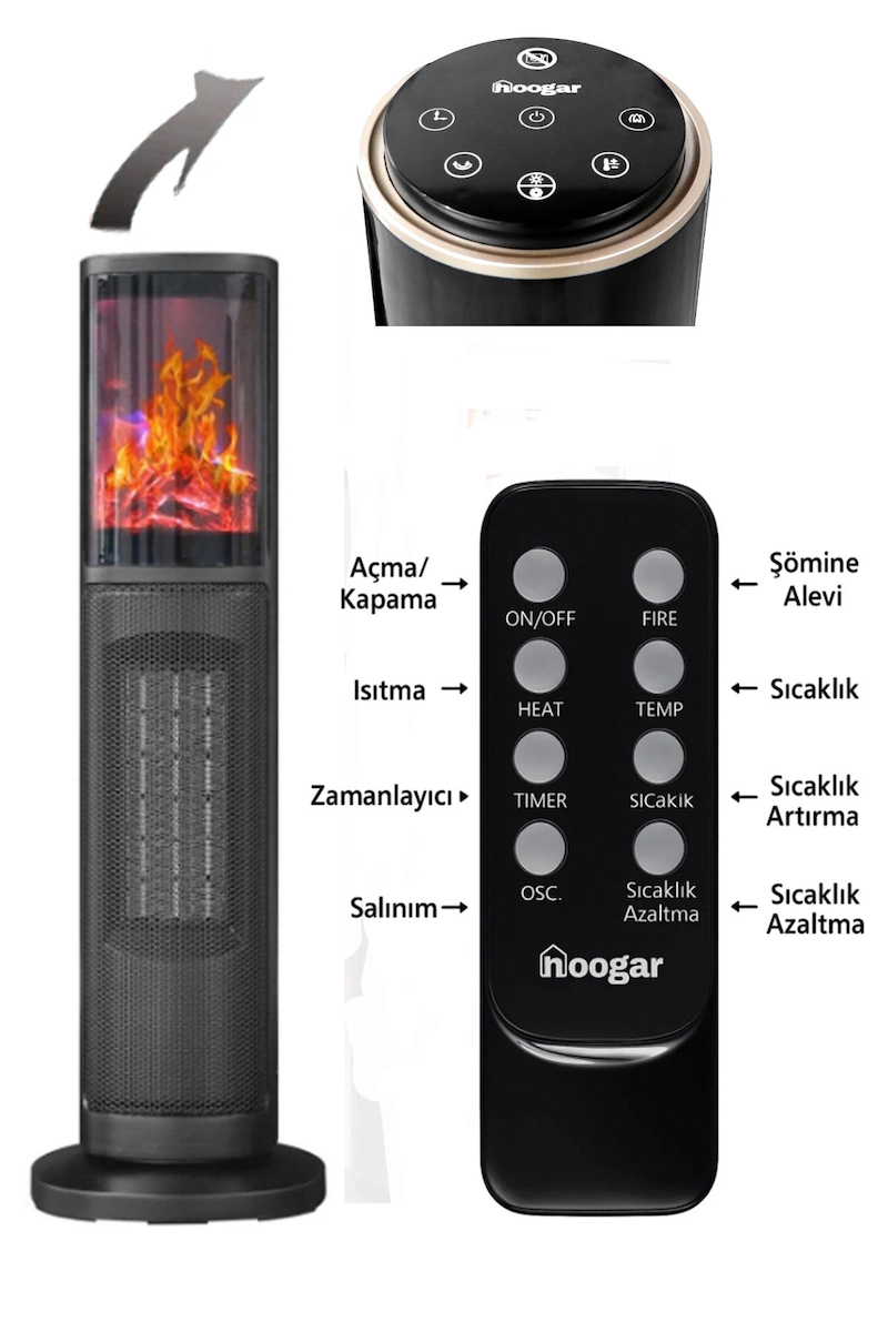 Hoogar German 2075 L Grey Oben Seri OLED Şömineli Ekran Dijital Kule Tipi Seramik Fanlı Isıtıcı