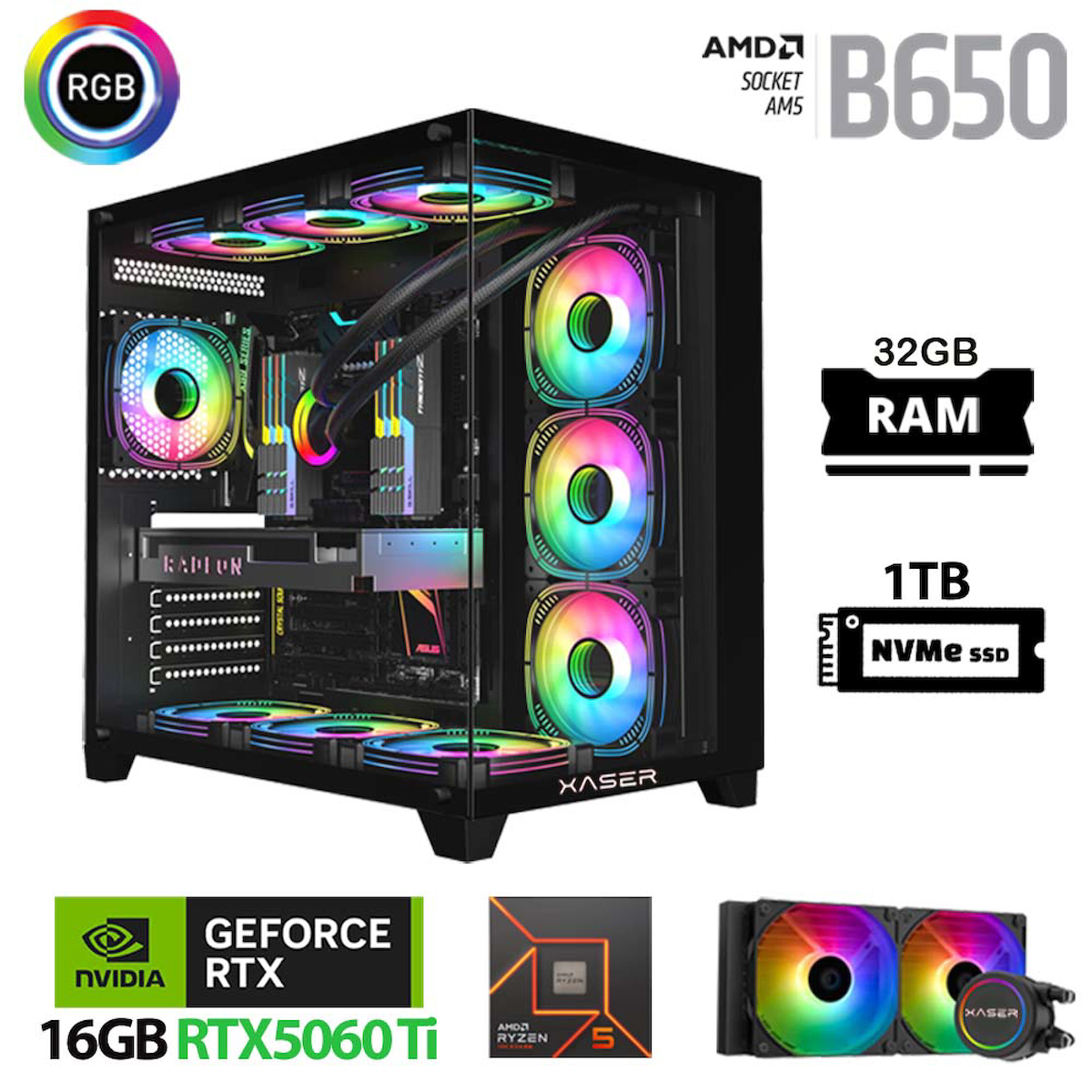 Xaser Lexus x670 Ryzen 5 7500F 32GB Ram 1TB M.2 NVMe SSD 16GB RTX5060 Ti Sıvı Soğutmalı Oyuncu Bilgisayarı