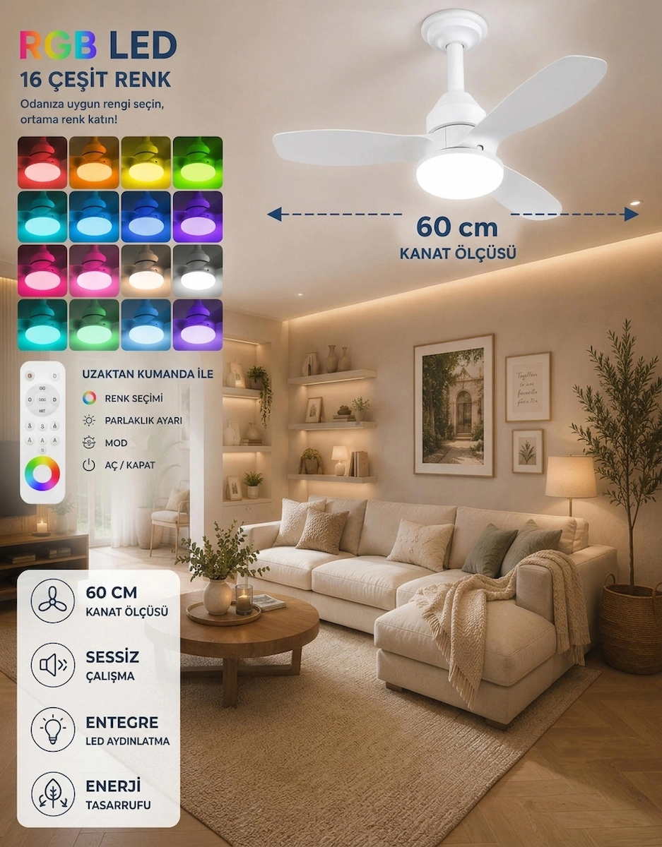 German New White Super Fan 60 CM Kalın Kanat Dim Ayarlı Tavan Vantilatörü RGB Led 16 Renk Sessiz Sinek Kovar