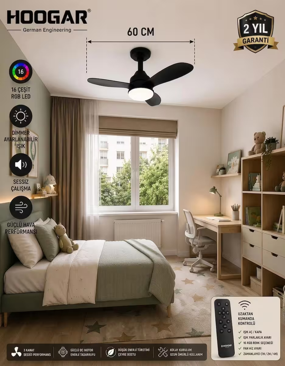 German New Black Super Fan 60 CM Kalın Kanat Dim Ayarlı Tavan Vantilatörü RGB Led 16 Renk Sessiz Sinek Kovar