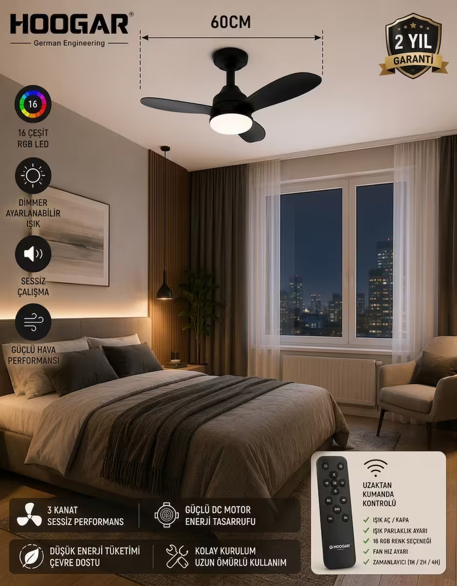 German New Black Super Fan 60 CM Kalın Kanat Dim Ayarlı Tavan Vantilatörü RGB Led 16 Renk Sessiz Sinek Kovar