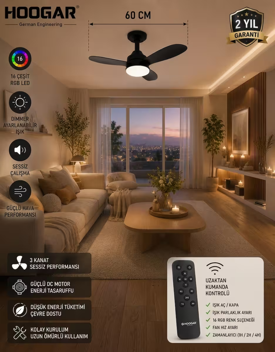 German New Black Super Fan 60 CM Kalın Kanat Dim Ayarlı Tavan Vantilatörü RGB Led 16 Renk Sessiz Sinek Kovar