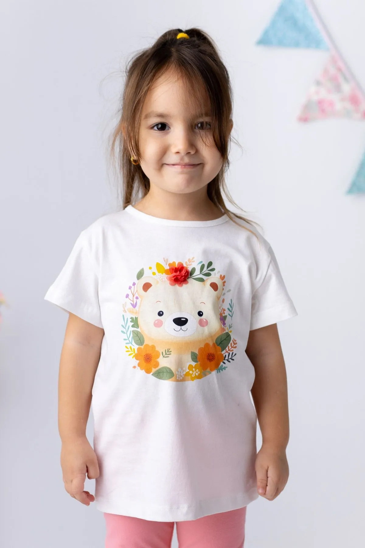 Kız Bebek Ayı Baskılı 3 Boyutlu Çiçekli T-shirt