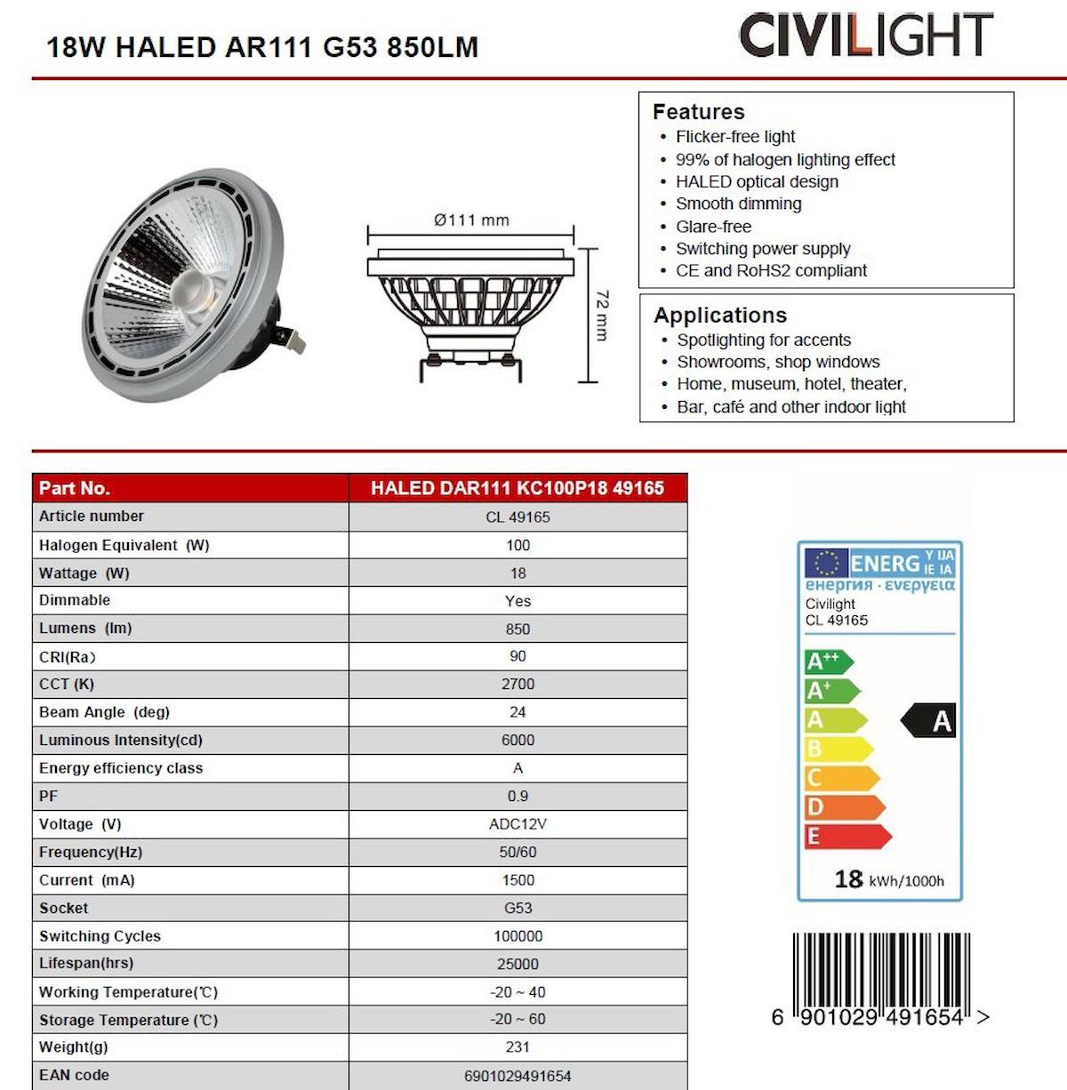 18W HALED AR111 G53 850LM 12V AMPÜL