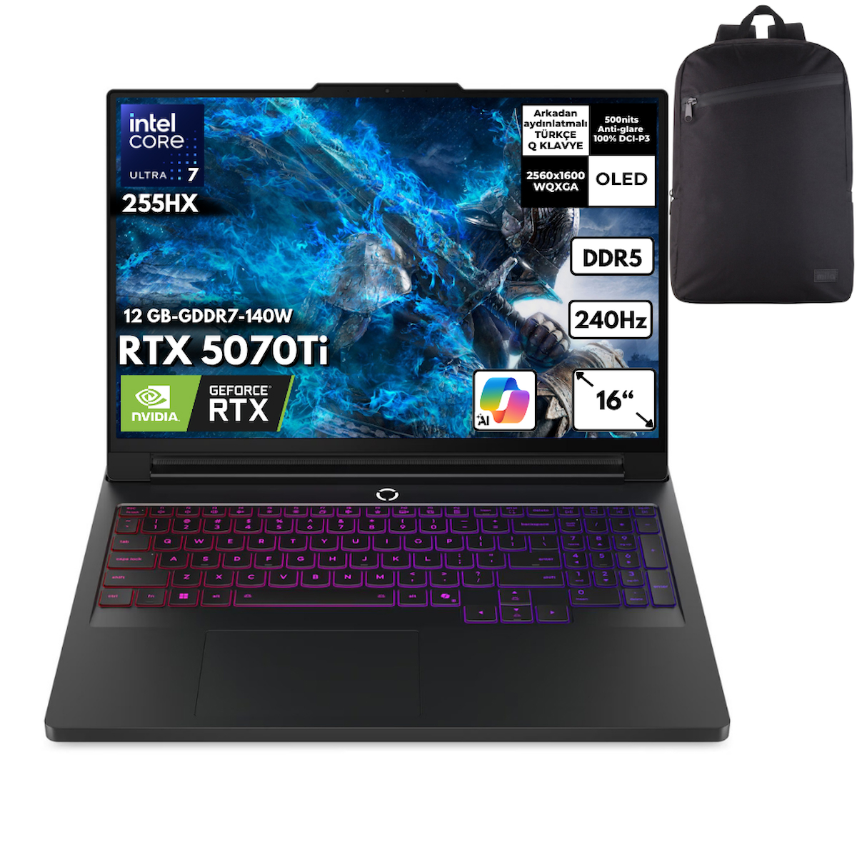 Lenovo Legion Pro 7 16IAX10H Ultra 7-255HX 64-GBDDR5 4 TBSSD RTX5070Ti (12 GB-GDDR7-140W) 16″ WQXGA OLED 240Hz Windows 11 Home + HMF Sırt Çantası 83F500J8TRHMF6