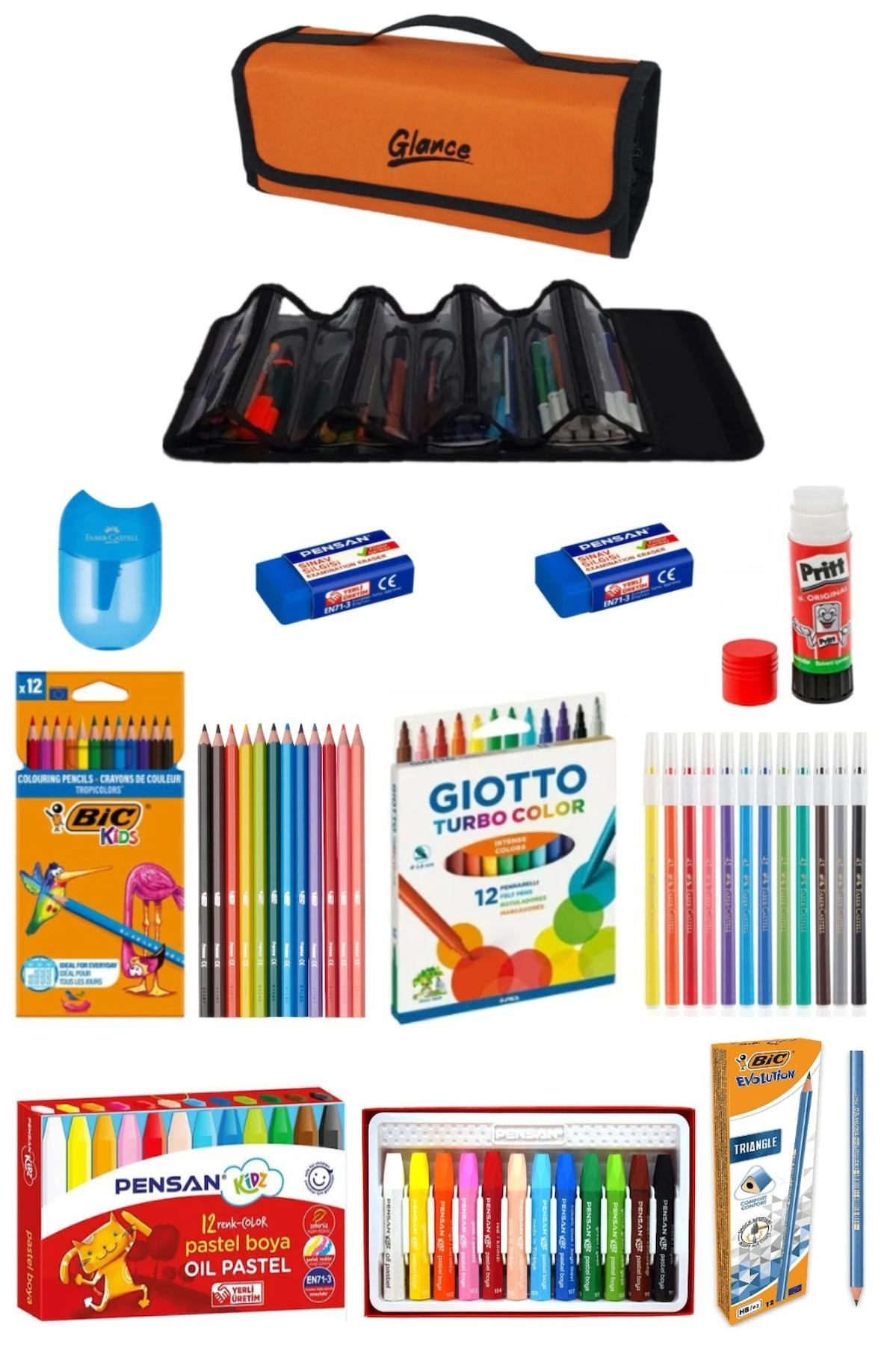 4 Bölümlü Kalem Çantası  Bic Kuruboya PensanPastel Giotto Keçeli Kurşun Kalem Stick Silgi Kalemtraş