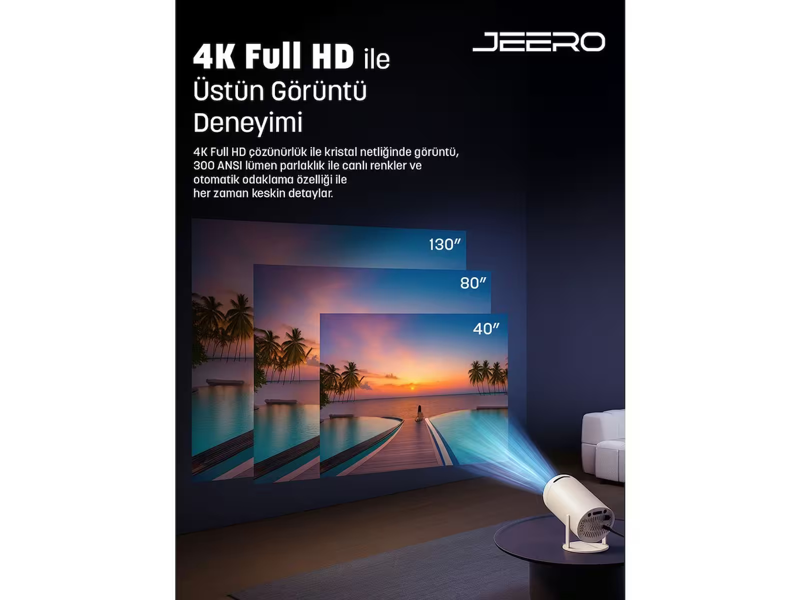 JEERO HY300PRO Multimedia Ultra Hd 1080p Android 13 Projeksiyon Cihazı (Türkçe Menü) H713 Chipset