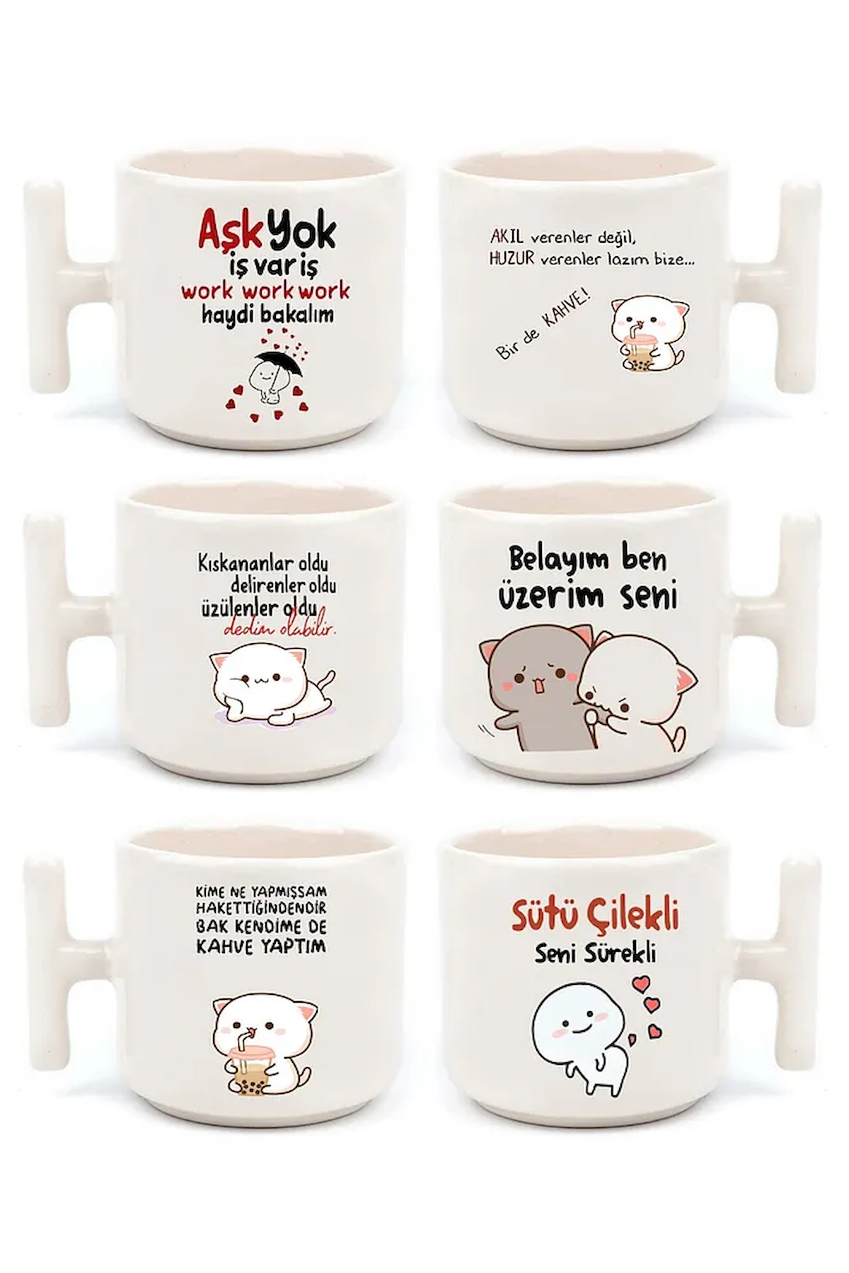 Duble Türk Kahvesi Fincanı & Espresso Komik Mochi Cat Motto 6'lı El Yapımı T Kulplu Fincan