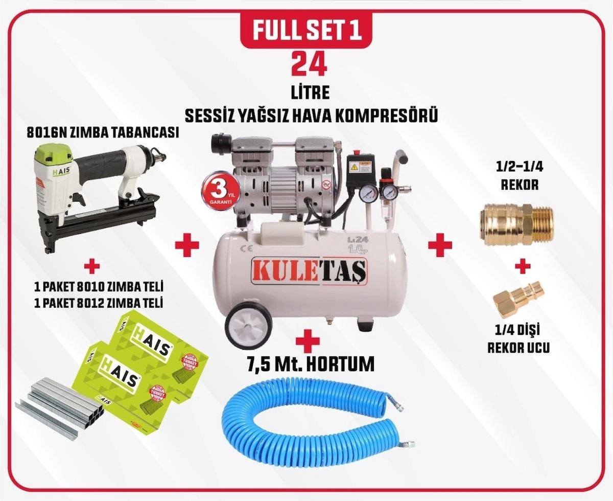 Full SET 1 Kuletaş Süper Sessiz Yağsız Hava Kompresörü 24 Litre 1 HP 3 Yıl GARANTİ