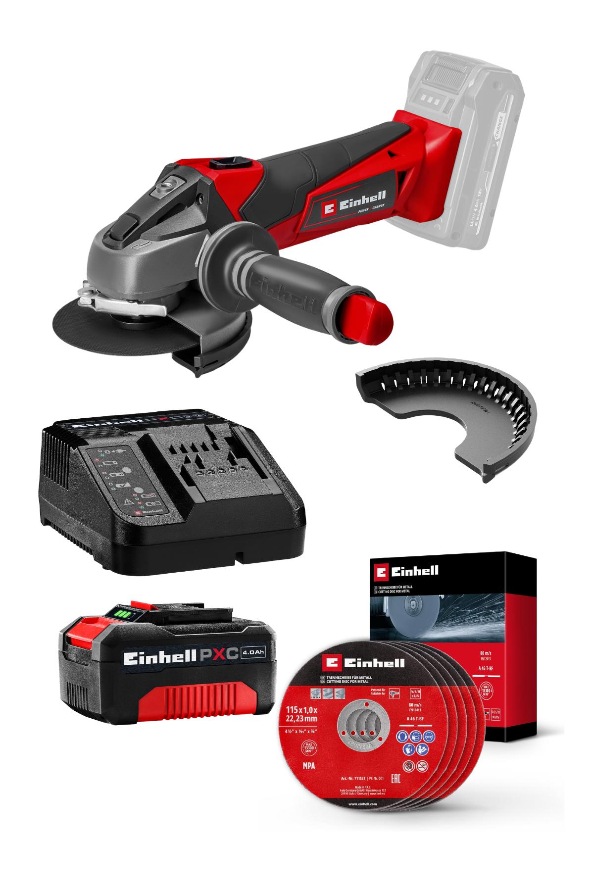 Einhell TE-AG 18/115 Li, Akülü Avuç Taşlama Seti (4,0 Ah Akü ve Şarj Cihazı, Kesici Disk Dahildir)