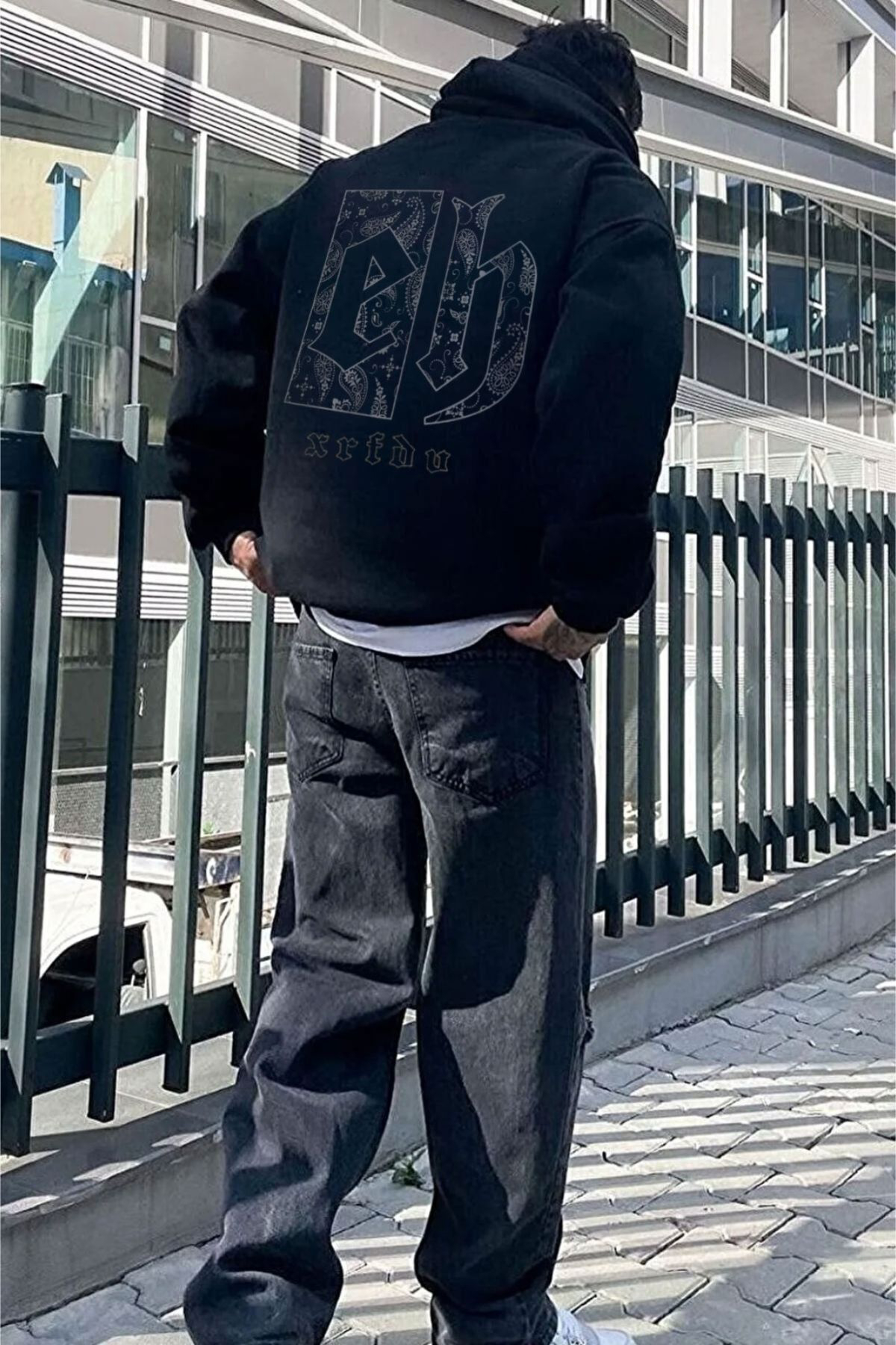 Erkek Siyah Eh Sırt Baskılı Oversize Kapşonlu Sweatshirt