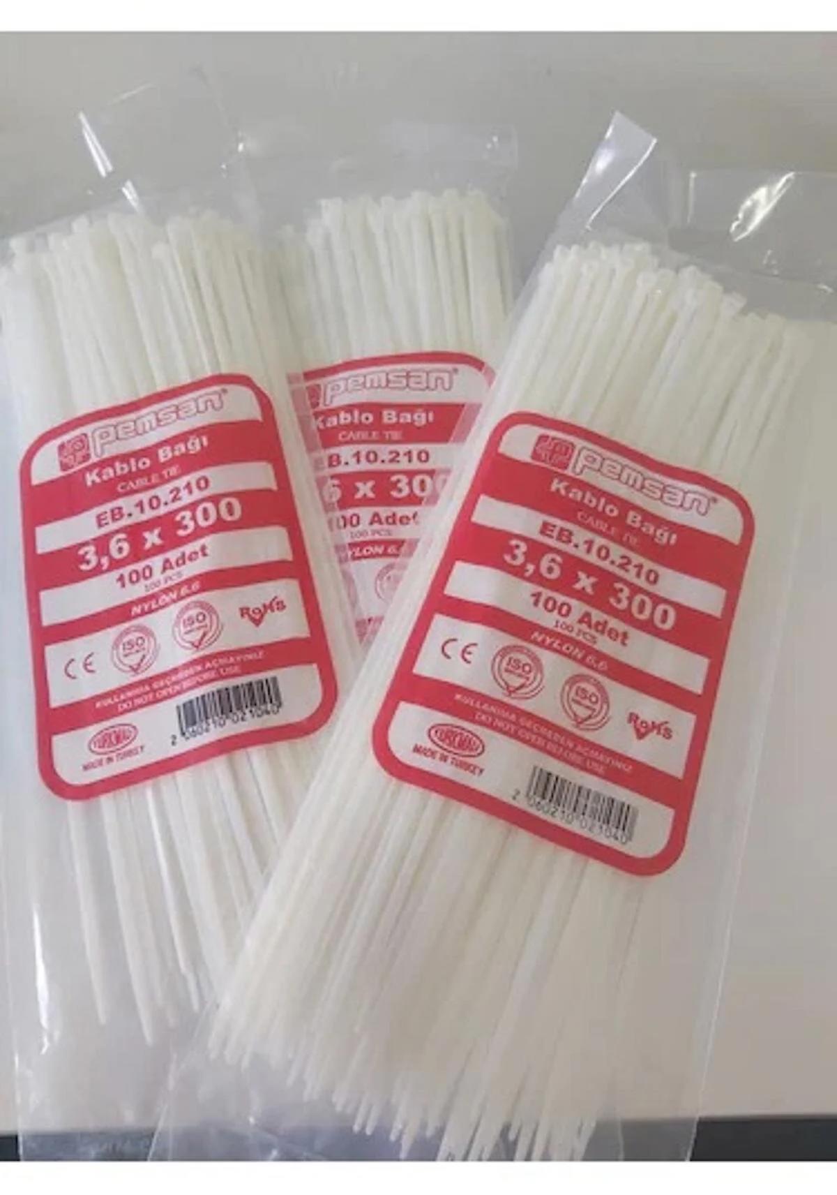 3.6X300b BEYAZ Plastik Cırt Kelepçe Kablo Bağı  100'Lu Paket Pemsan 3.6X300B,