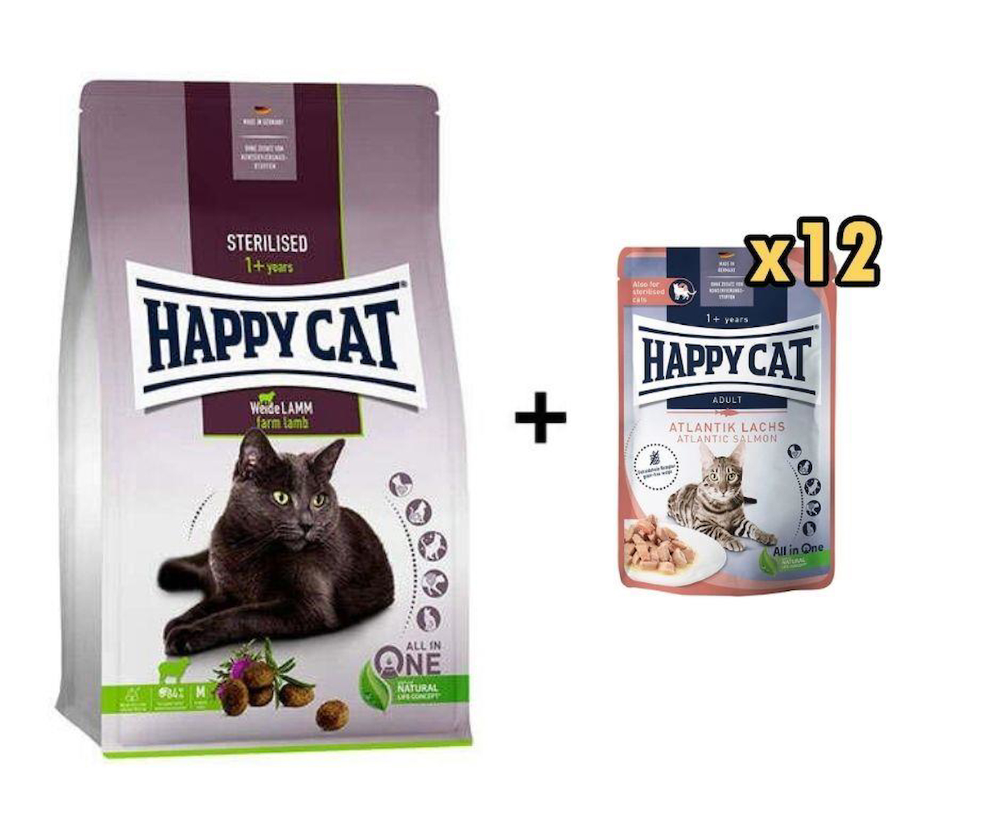 Happy Cat Sterilised Kuzu Kısırlaştırılmış Kedi Maması 4 Kg + 12 Adet Happy Cat Somonlu Tahılsız Yetişkin Kedi Konservesi 85gr