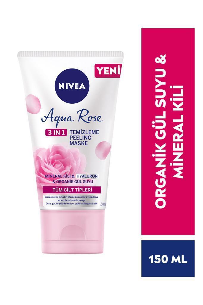 Nivea Aqua Rose 3ü1 arada Yüz Temizleme Peeling Maske Tüm Ciltler,150ml,Organik Gül Suyu,Hyaluron,Mineal kili ile gözenek arındırır