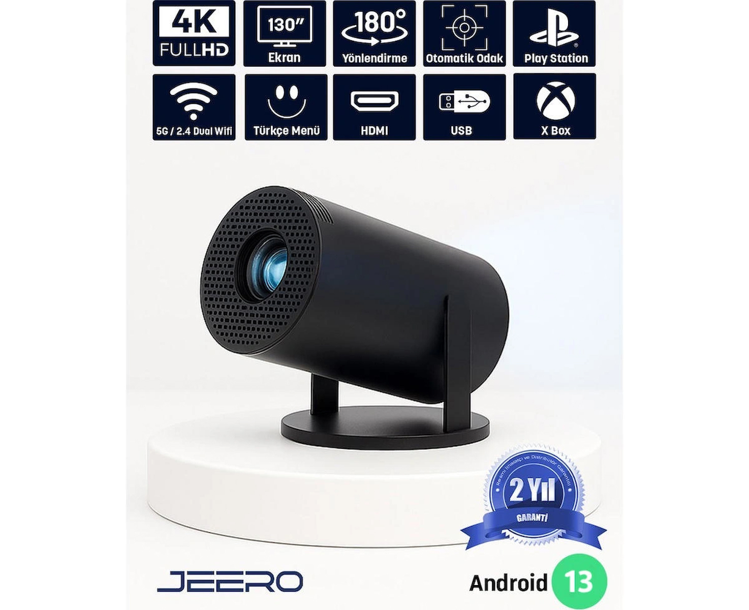JEERO HY300PRO Multimedia Ultra Hd 1080 Android 13 Projeksiyon Cihazı (Türkçe Menü) H713 Chipset