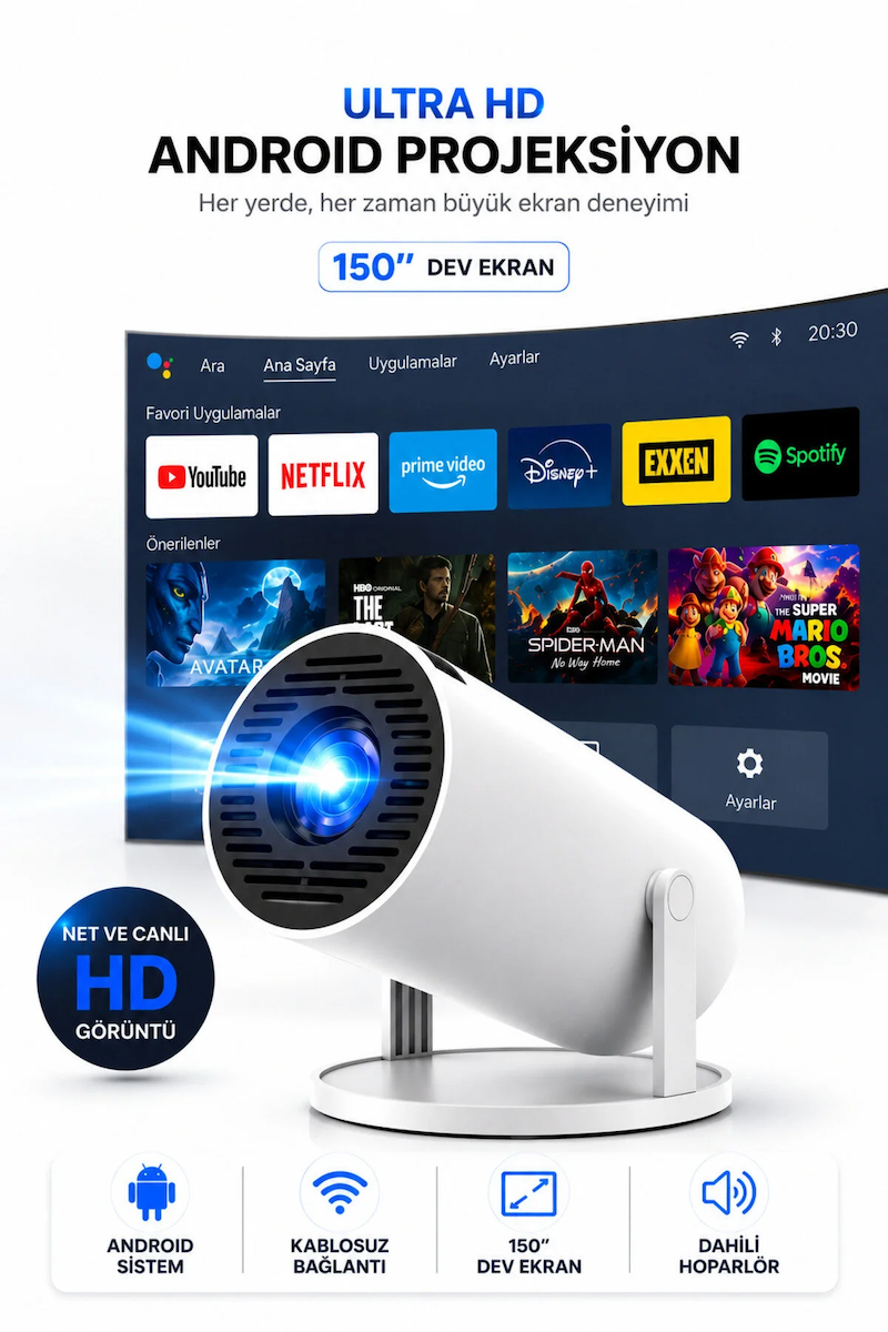 Hy300 Pro Taşınabilir Android Sinema Projeksiyon Wifi Destekli En Güncel Sürüm Akıllı Projektör Beyaz Ultra HD