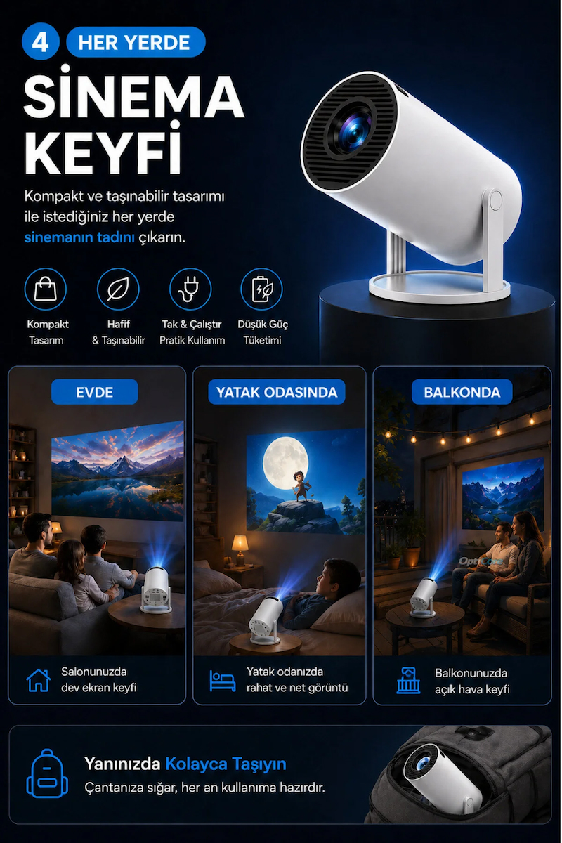 Hy300 Pro Taşınabilir Android Sinema Projeksiyon Wifi Destekli En Güncel Sürüm Akıllı Projektör Beyaz Ultra HD