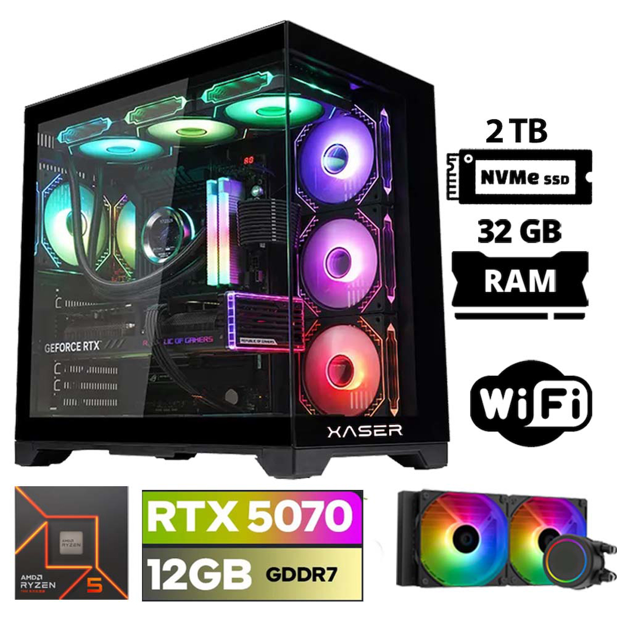 Xaser Lexus x50 Ryzen 5 7500F 32GB DDR5 Ram 2TB M.2 NVMe SSD 12GB RTX5070 Sıvı Soğutmalı Oyuncu Bilgisayarı
