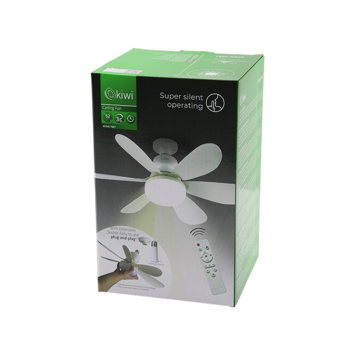 KİWİ KFAN-7681 2İN1=TAVAN VANTİLATÖR – AVİZE LAMBA KUMANDALI 52CM 6-BEYAZ PLASTİK KANAT 3-KADEME HIZ MOTOR-30W (4604)