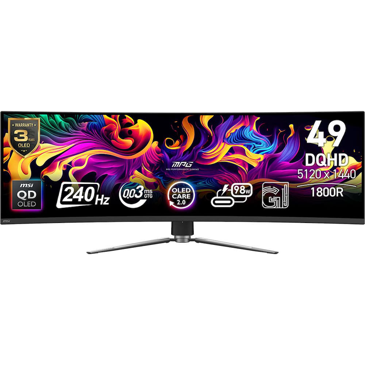 MSI MPG 491CQPX QD-OLED 49 5120×1440 240Hz 0.03 ms HDMI DP Type-C True Black 400 1800R Curved OLED Gaming Monitör