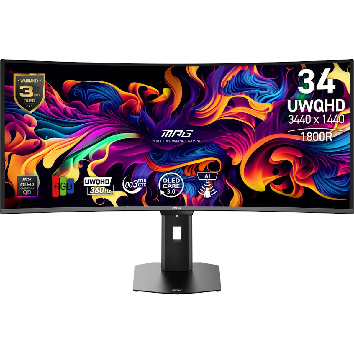 MSI MPG 341CQR QD-OLED X36 34 3440×1440 UWQHD 360Hz 0.03 ms Curve 1800R HDMI DP Type-C True Black 500 Adaptive Sync Gaming Monitör