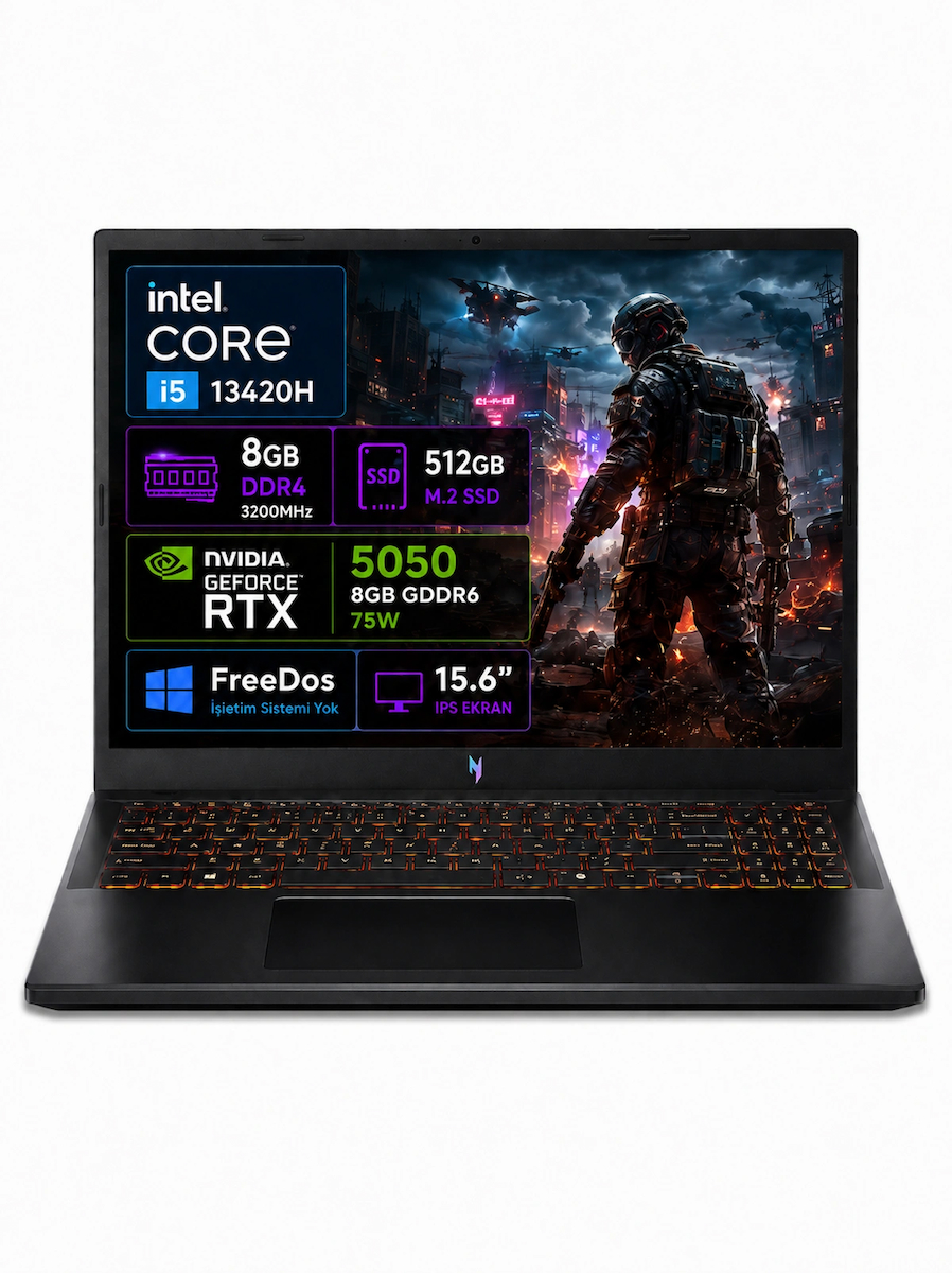 Acer Nitro V 15 ANV15-52 Intel Core i5 13420H 8GB 512GB SSD RTX5050 Freedos 15.6” 165Hz Taşınabilir Bilgisayar NH.QZ7EY.003