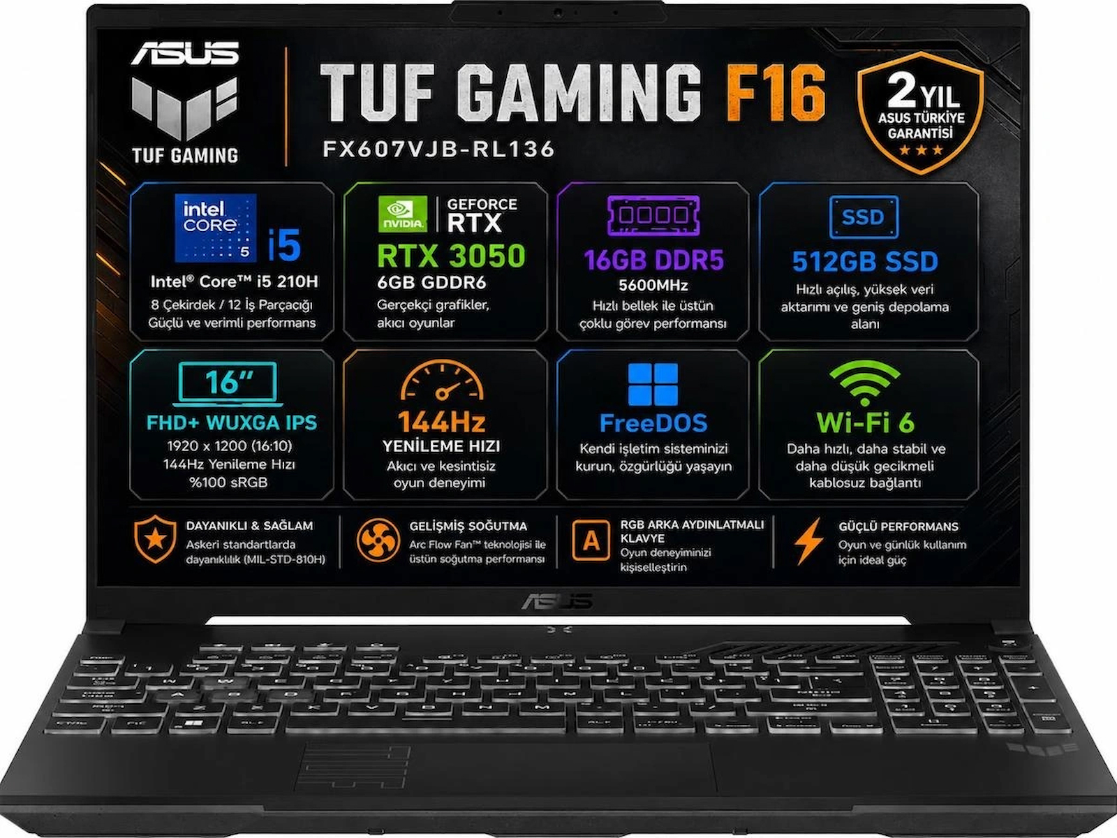 Asus TUF F16 FX607VJB-RL136-Gaming Intel Core 5 210H 16GB 512GB SSD RTX 3050 6GB 16″ FHD+ WUXGA Fdos
