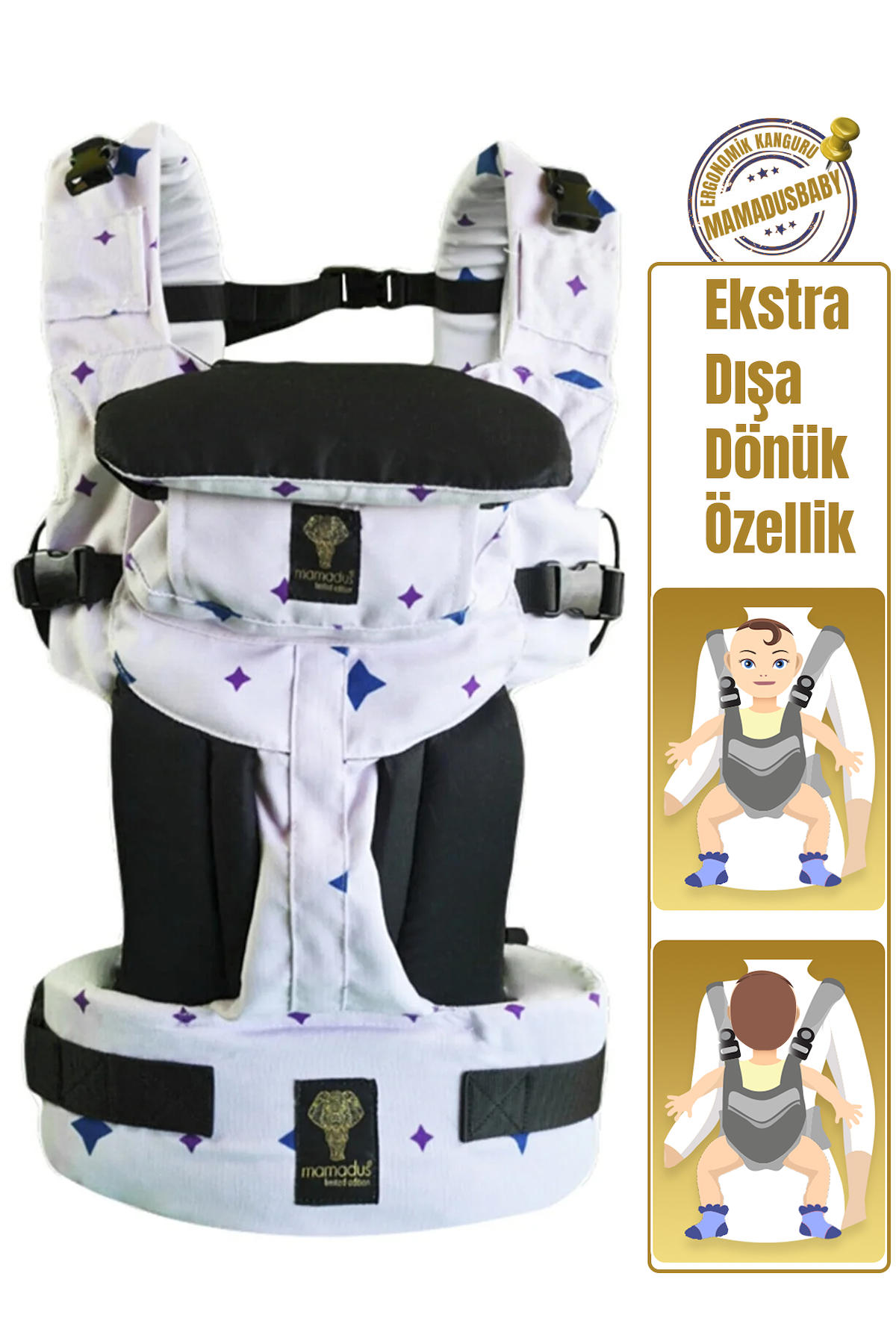 Mamadus Baby Plus Beyaz Lila Yıldızlar Ergonomik Kanguru