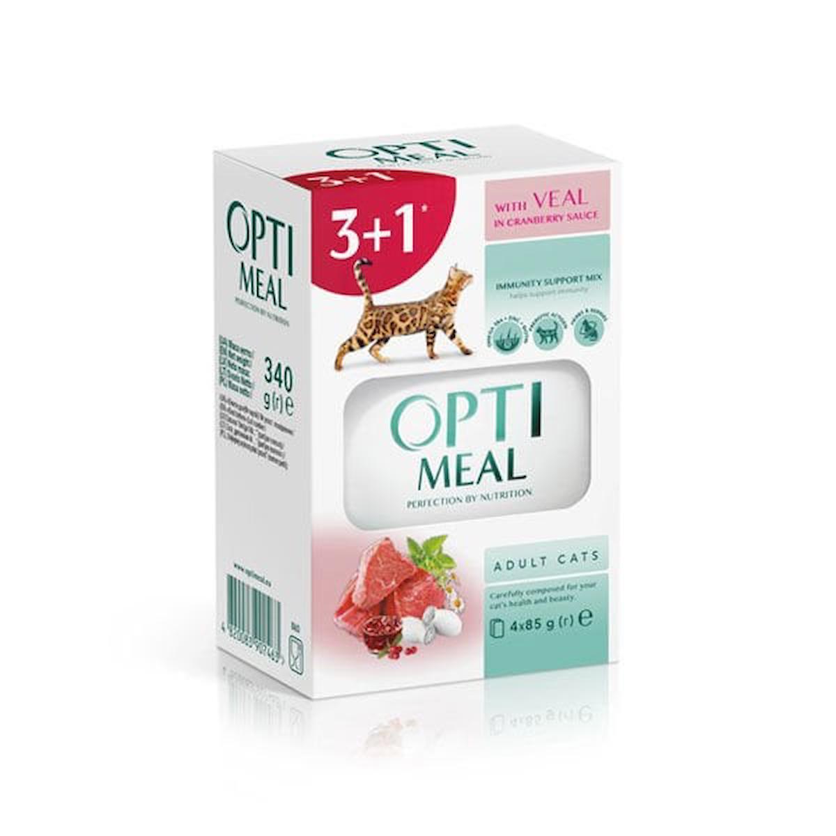 Optimeal Soslu Dana Etli ve Kızılcıklı Konserve Yetişkin Kedi Maması 85 Gr 3+1 Adet