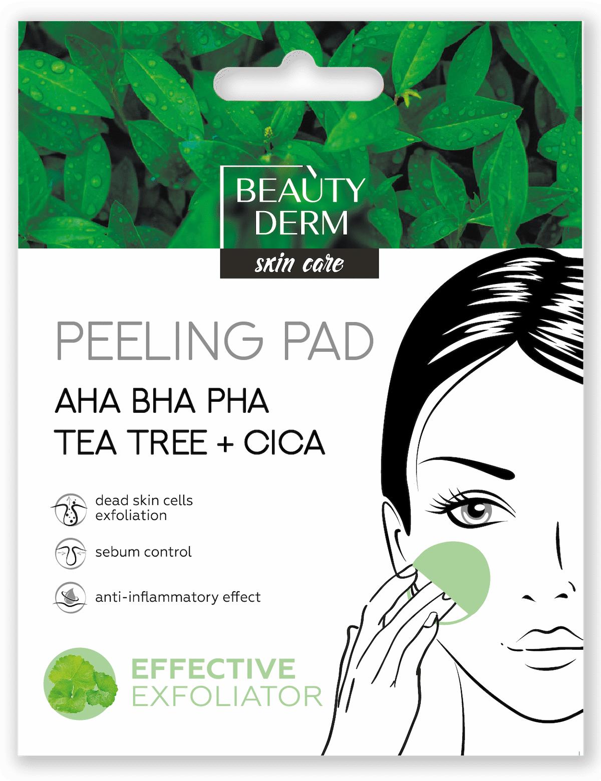 Cilt Temizleme Pedi BEAUTYDERM CICA, çay ağacı ve АНА, ВНА, РНА, 1 adet PEELİNG PAD