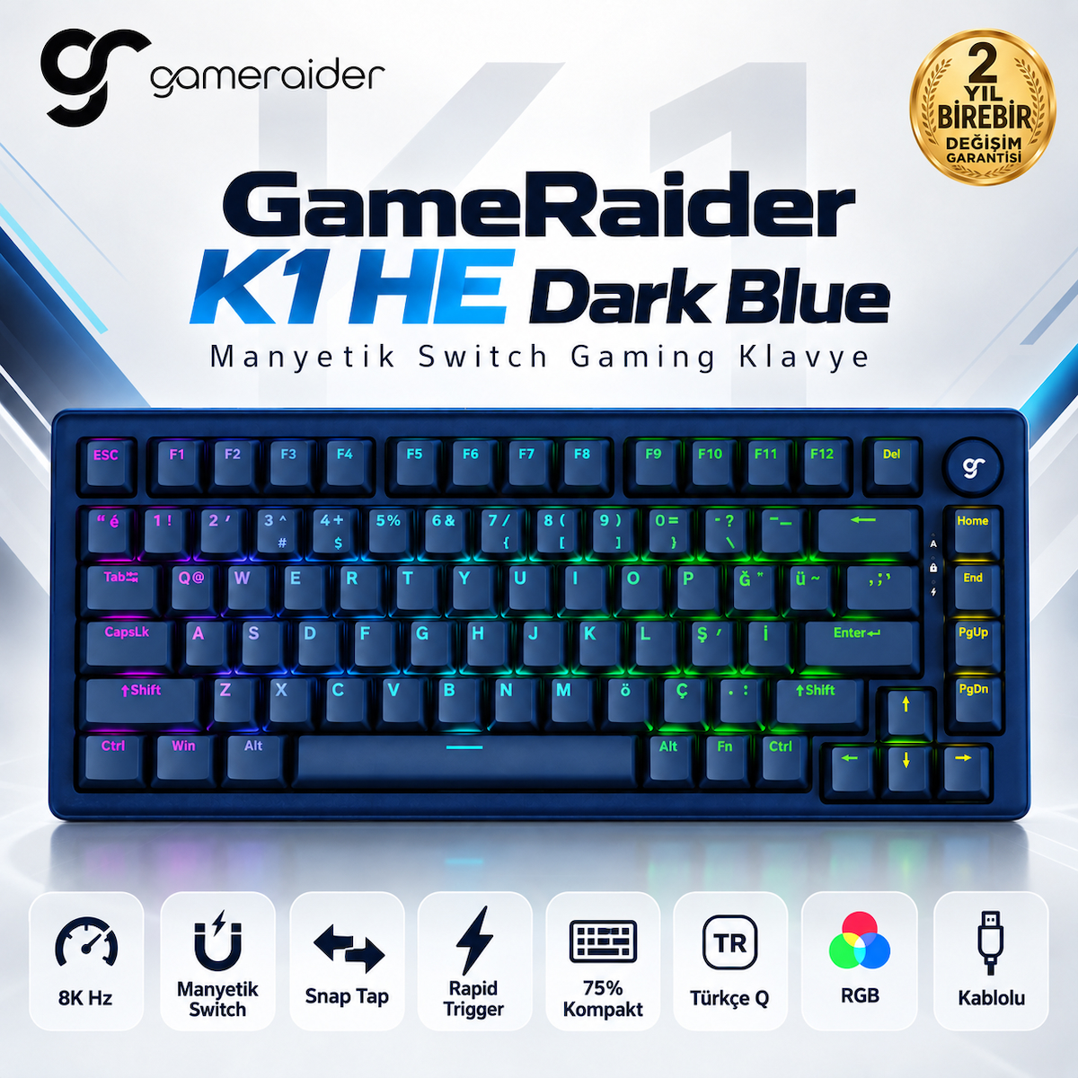 GameRaider K1 HE Dark Blue Ultra-Fast Lime Manyetik Switch 8K Hz Türkçe Kablolu Gaming Klavye