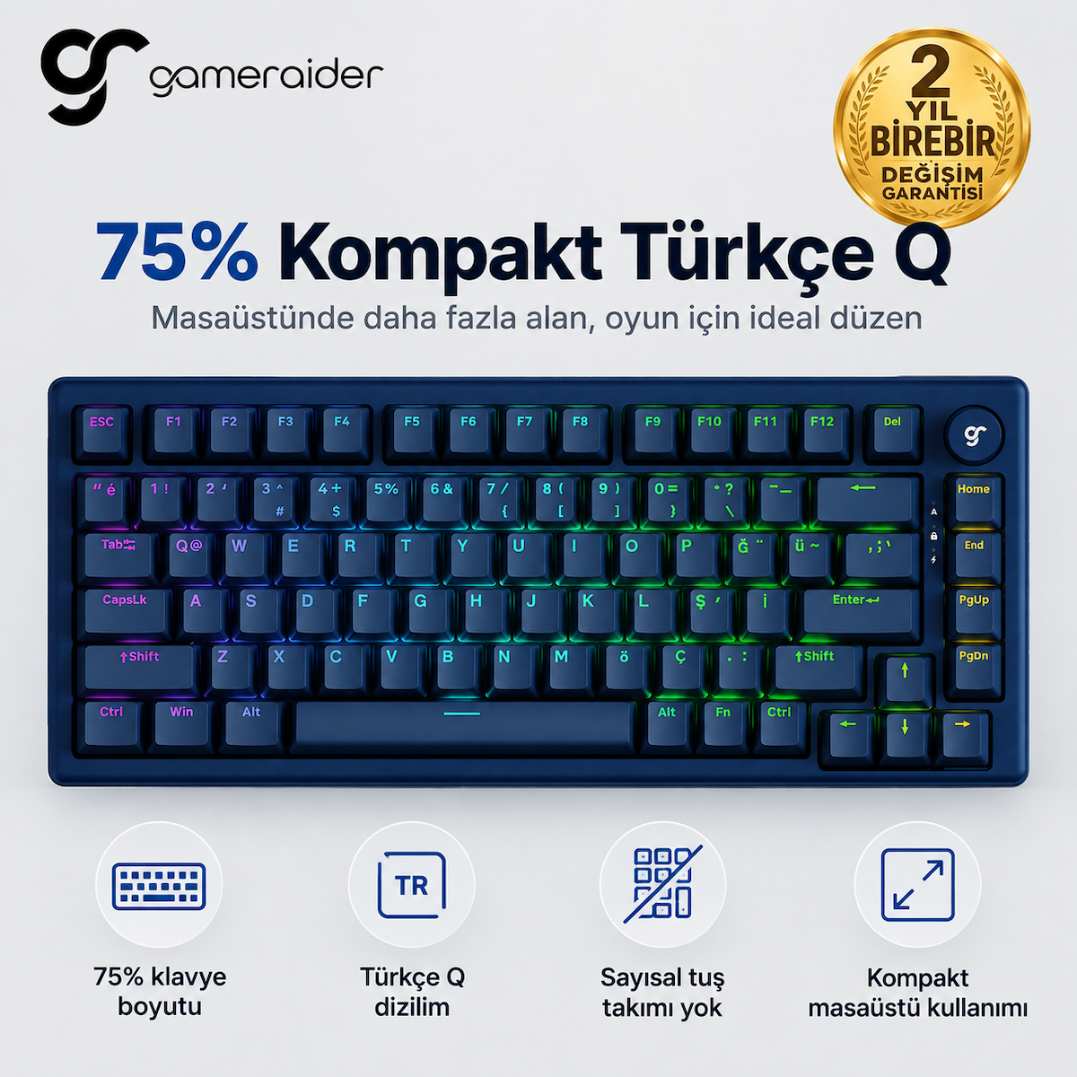 GameRaider K1 HE Dark Blue Ultra-Fast Lime Manyetik Switch 8K Hz Türkçe Kablolu Gaming Klavye