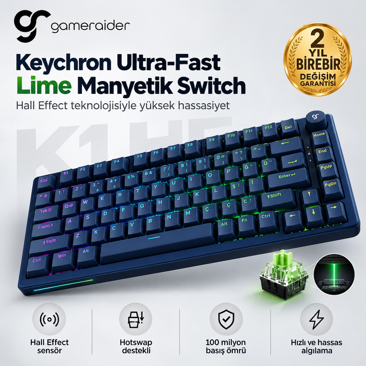 GameRaider K1 HE Dark Blue Ultra-Fast Lime Manyetik Switch 8K Hz Türkçe Kablolu Gaming Klavye