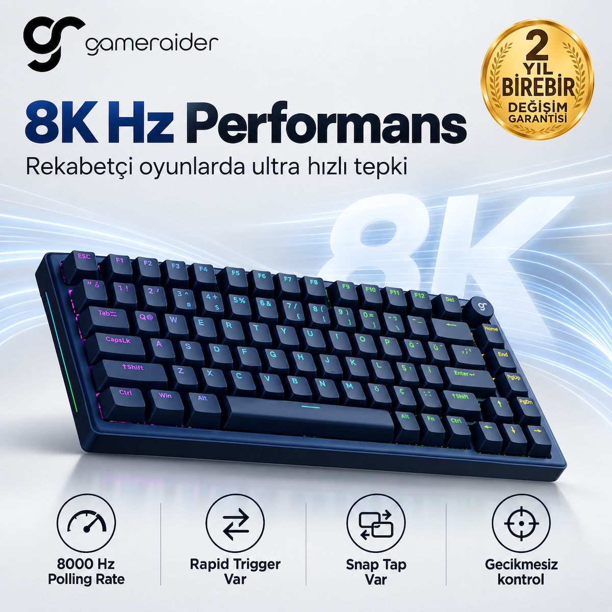 GameRaider K1 HE Dark Blue Ultra-Fast Lime Manyetik Switch 8K Hz Türkçe Kablolu Gaming Klavye