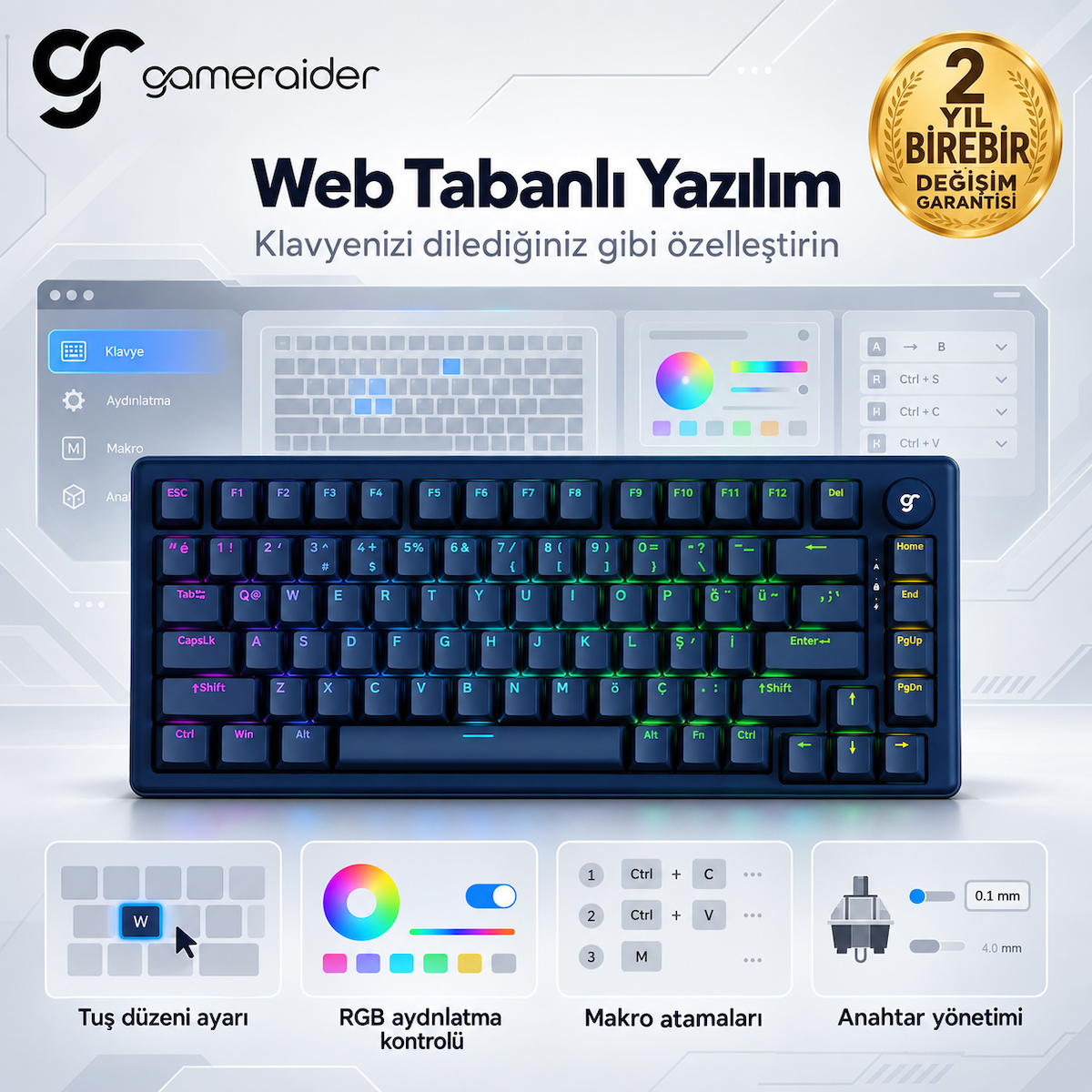 GameRaider K1 HE Dark Blue Ultra-Fast Lime Manyetik Switch 8K Hz Türkçe Kablolu Gaming Klavye