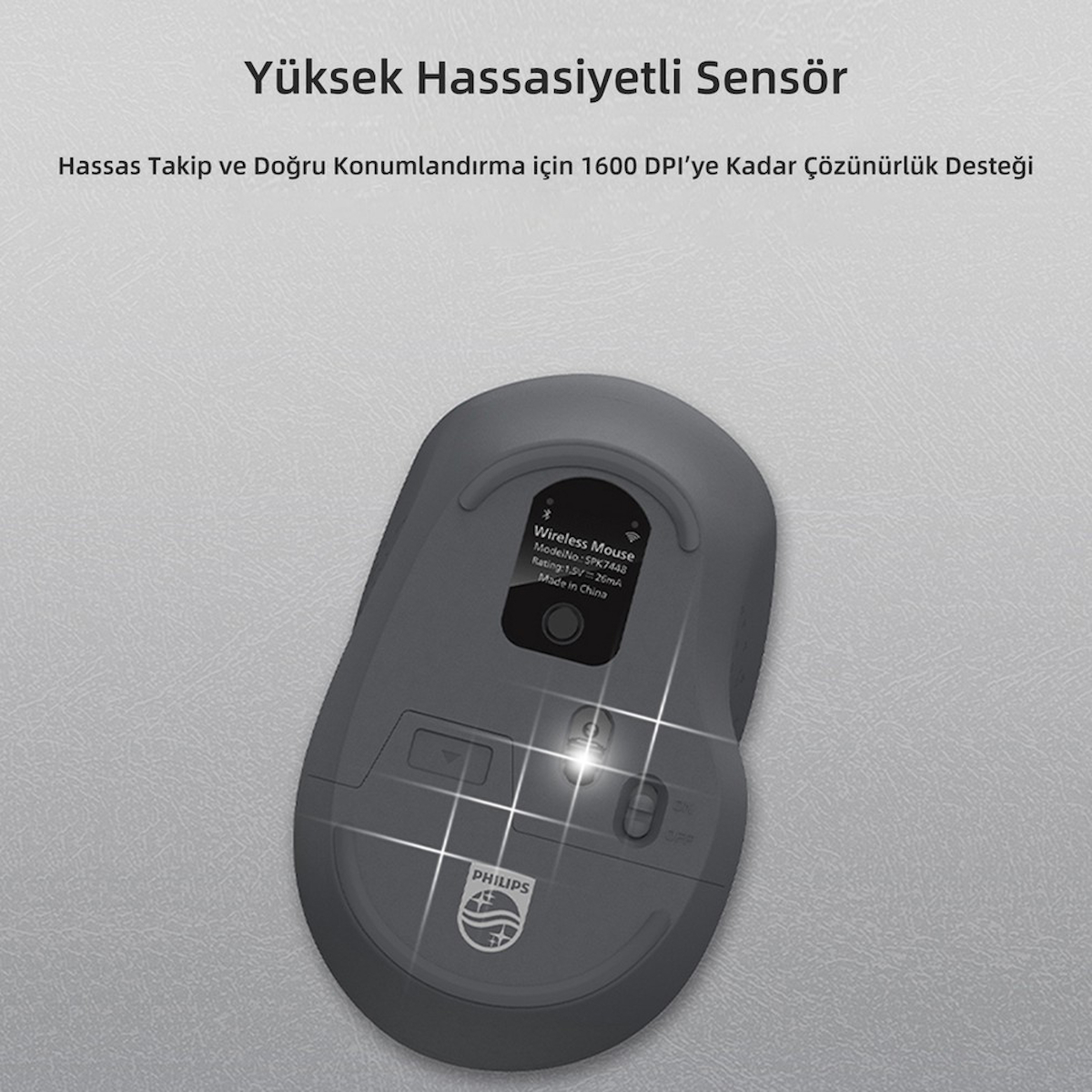 Philips SPK7448 Kablosuz 1600DPI 3 Tuşlu Optik Mouse Gri