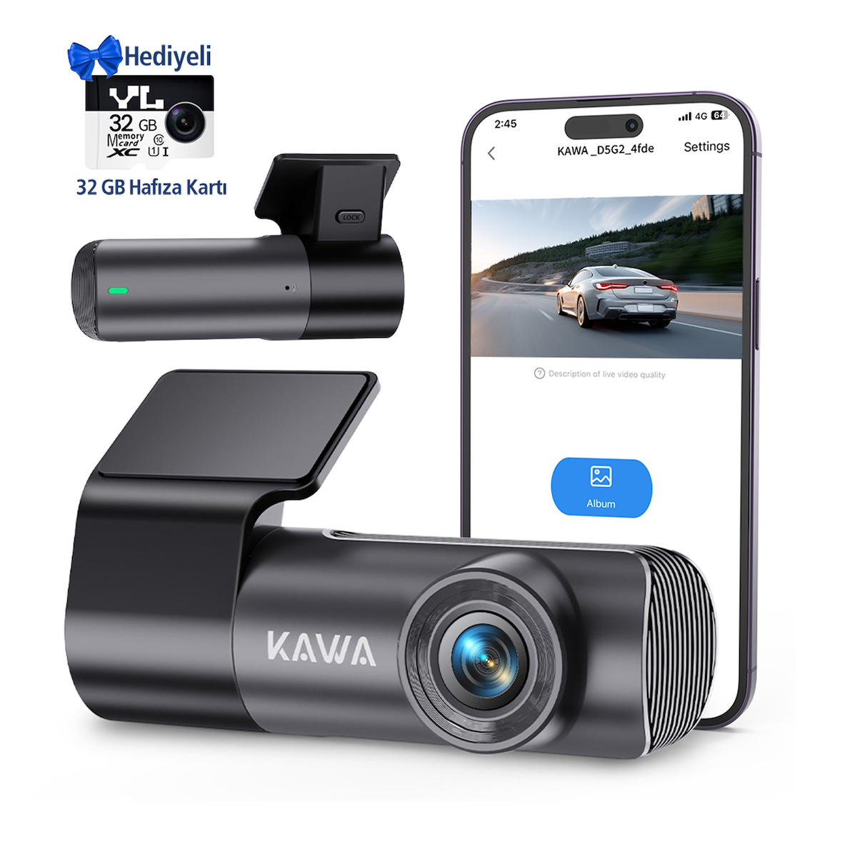 Kawa D5 Gen2 2K 1296P WiFi 145 Geniş Açı Lens Gece Görüşlü 32GB Hafıza Kartlı Akıllı Araç Kamerası