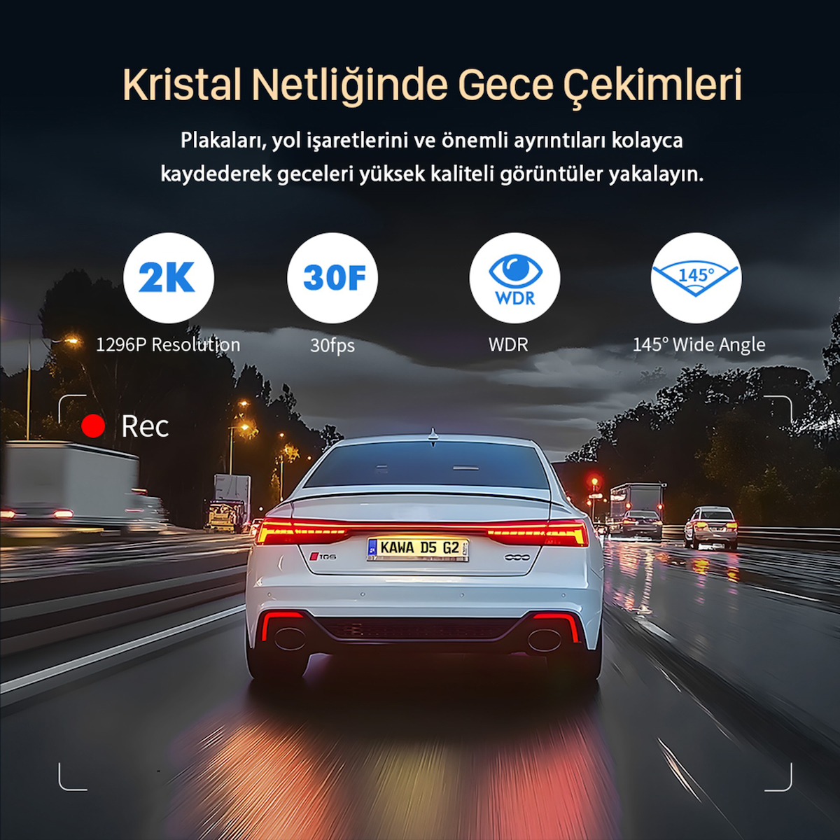 Kawa D5 Gen2 2K 1296P WiFi 145 Geniş Açı Lens Gece Görüşlü 32GB Hafıza Kartlı Akıllı Araç Kamerası