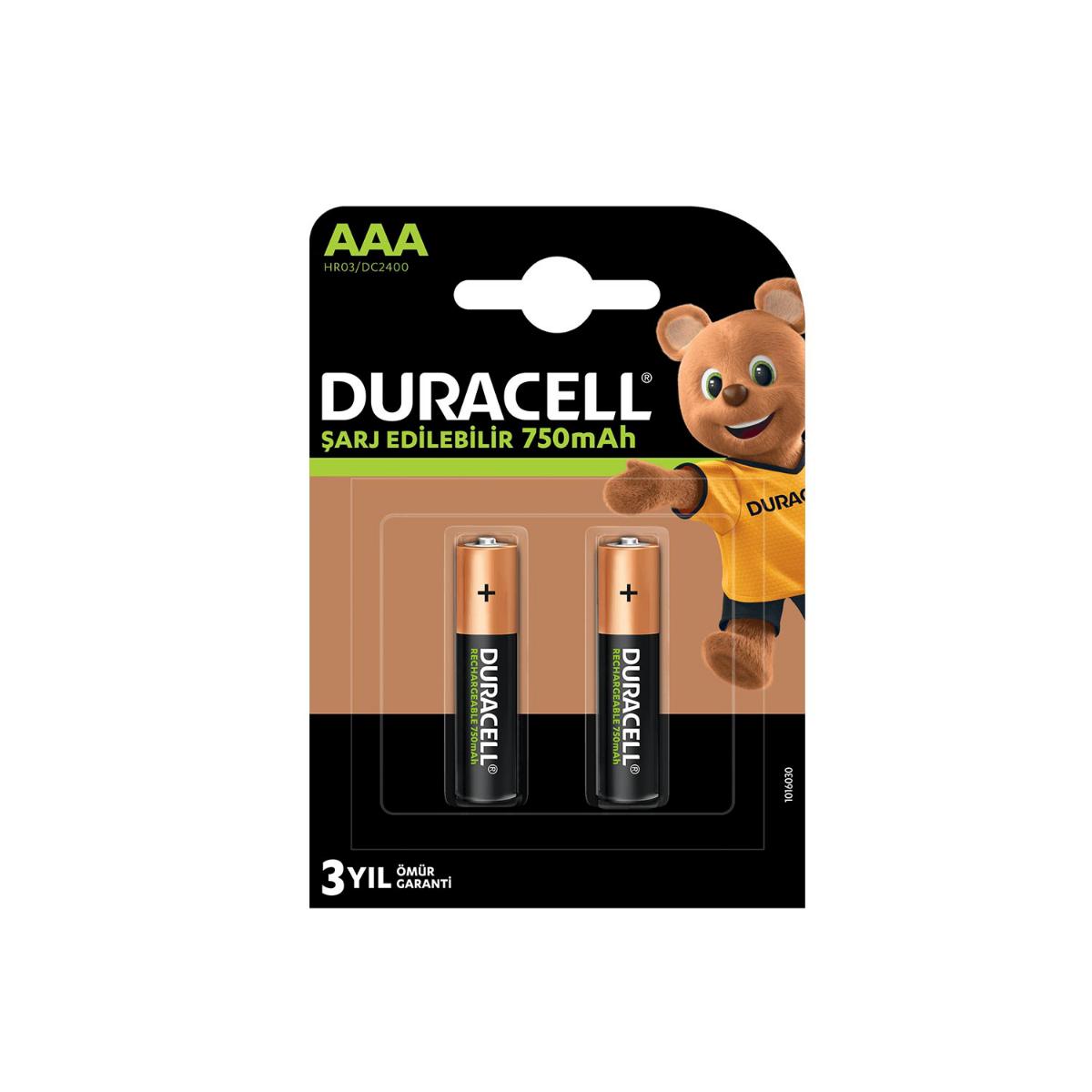 Duracell AAA Şarj Edilebilir İnce Kalem Pil 750Mah 1.2V 2'li Paket (HR03 / DC2400)